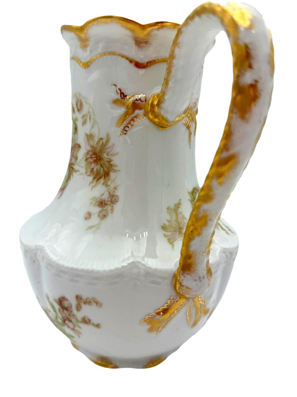 Vintage Floral Porcelain Pitcher, Gold Trimmed Creamer, Antique Milk Jug