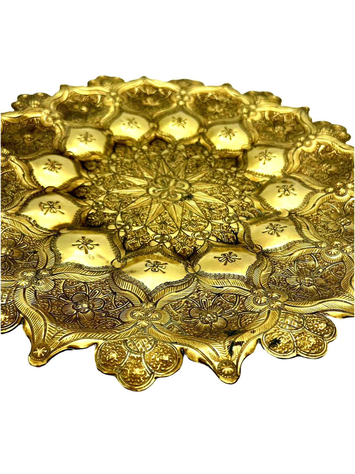 antique hand-tooled solid brass wall plate  13.5 diameter  floral mandala design  indian/export metalware