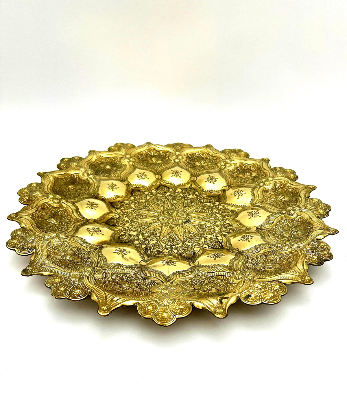 antique hand-tooled solid brass wall plate  13.5 diameter  floral mandala design  indian/export metalware