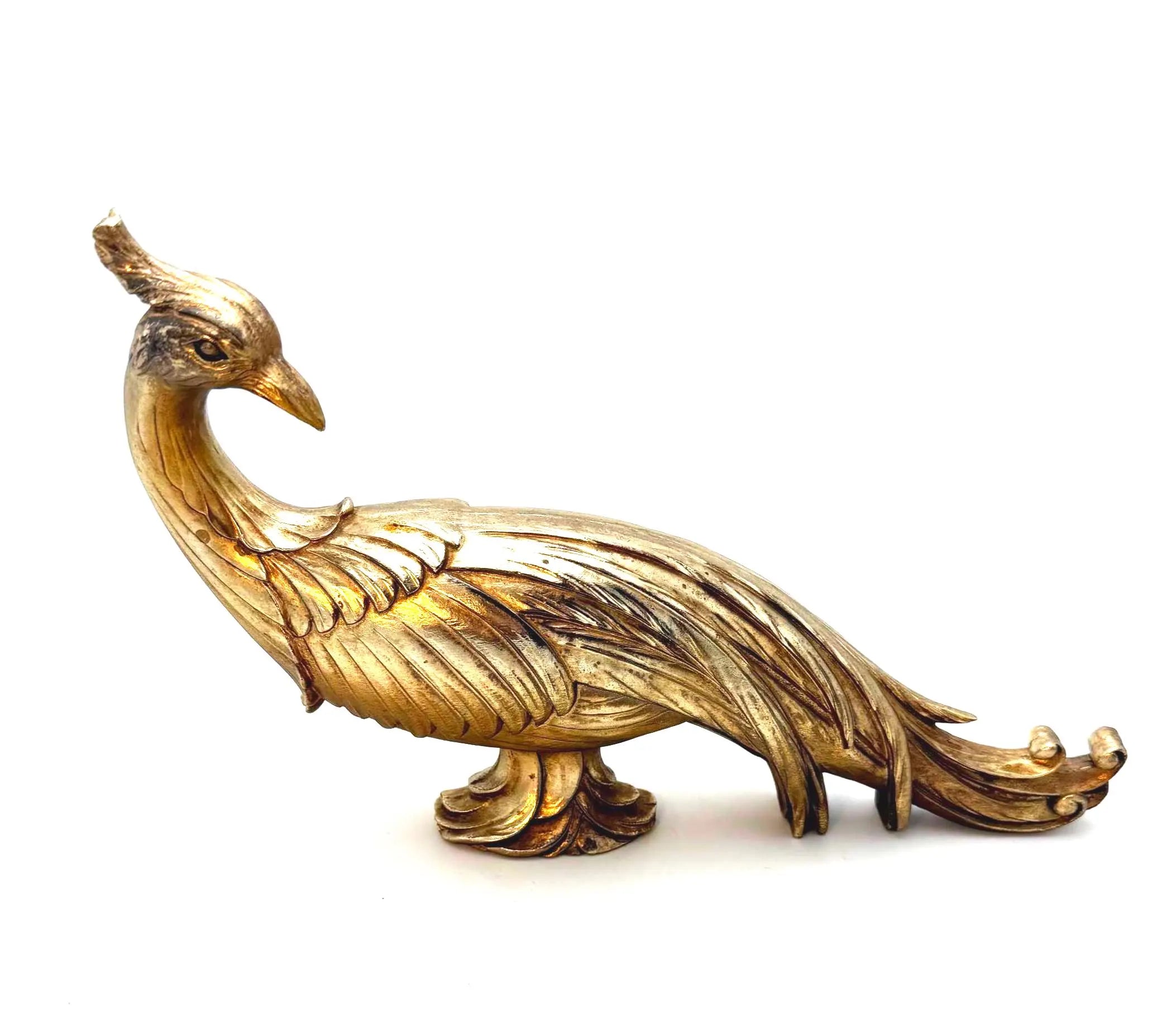 VINTAGE SYROCO GOLD PEACOCK SCULPTURE HOLLYWOOD REGENCY CHINOISERIE ART DECO TABLETOP FIGURINE