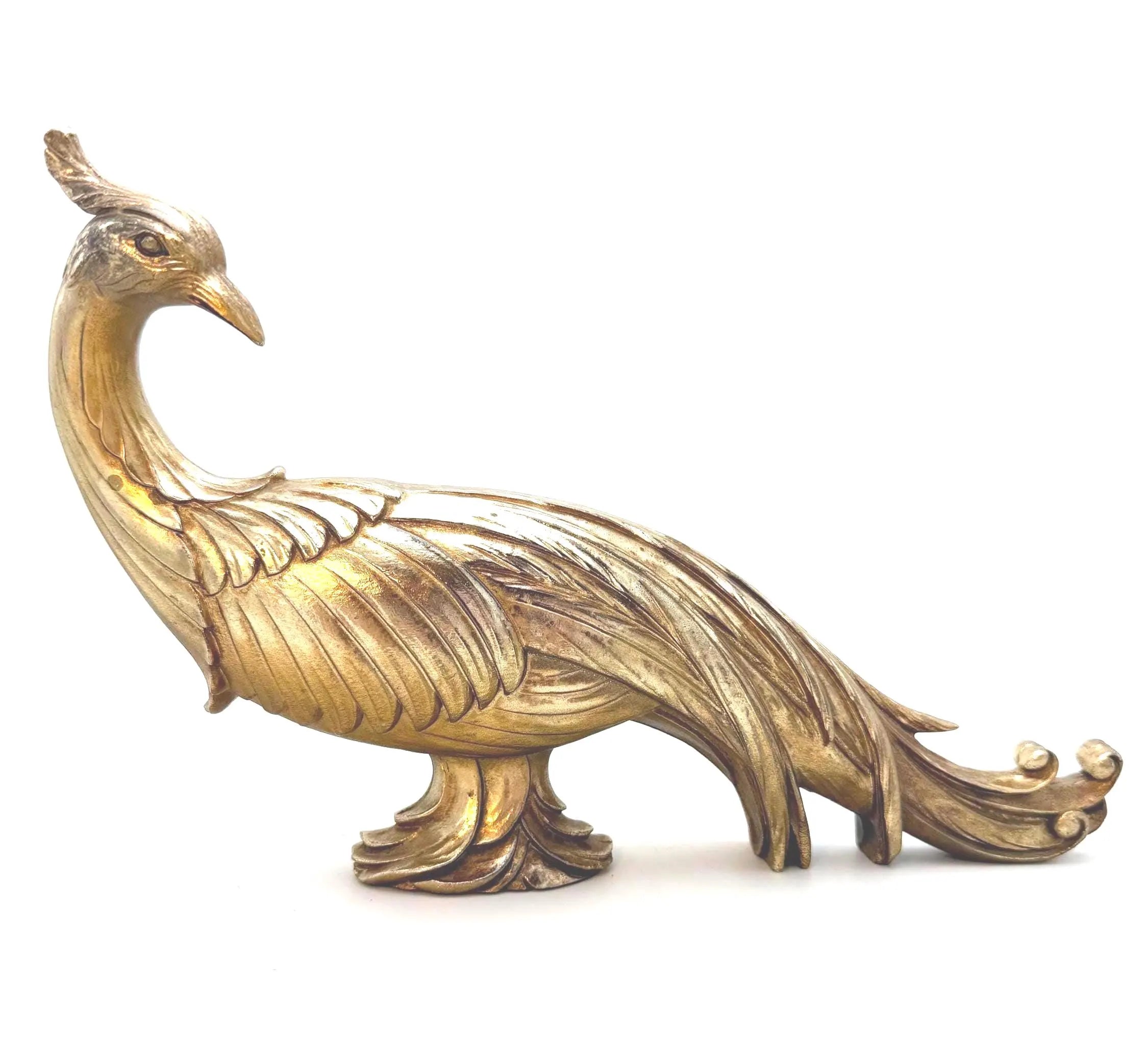 VINTAGE SYROCO GOLD PEACOCK SCULPTURE HOLLYWOOD REGENCY CHINOISERIE ART DECO TABLETOP FIGURINE