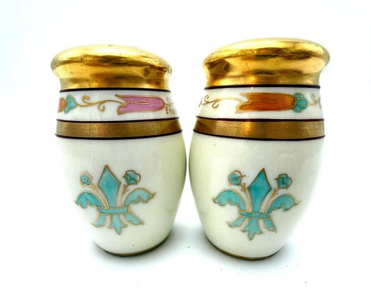 ANTIQUE PICKARD CHINA HAND PAINTED SALT AND PEPPER SHAKERS TRI COLOR FLEUR DE LIS GOLD GILT ART NOUVEAU PORCELAIN SET CIRCA 1910