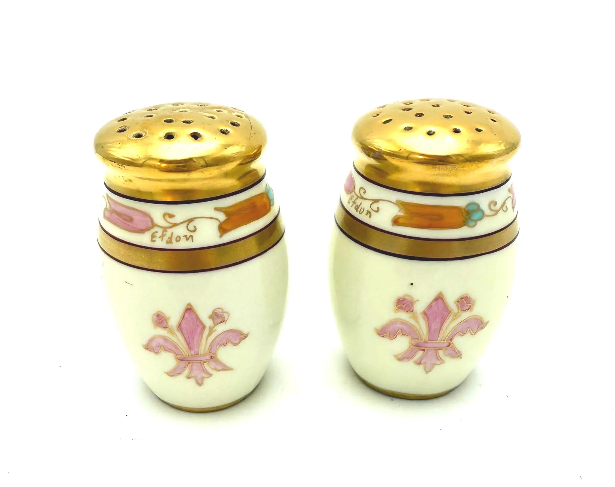 ANTIQUE PICKARD CHINA HAND PAINTED SALT AND PEPPER SHAKERS TRI COLOR FLEUR DE LIS GOLD GILT ART NOUVEAU PORCELAIN SET CIRCA 1910
