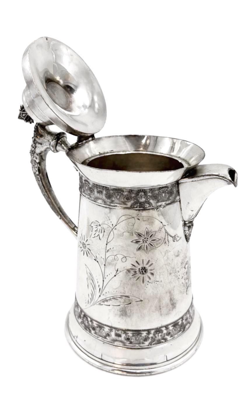 ANTIQUE AMERICAN SILVER PLATE CO QUADRUPLE SILVERPLATE COFFEE POT 14 INCH VICTORIAN FLORAL ENGRAVED ORNATE HANDLE AESTHETIC MOVEMENT