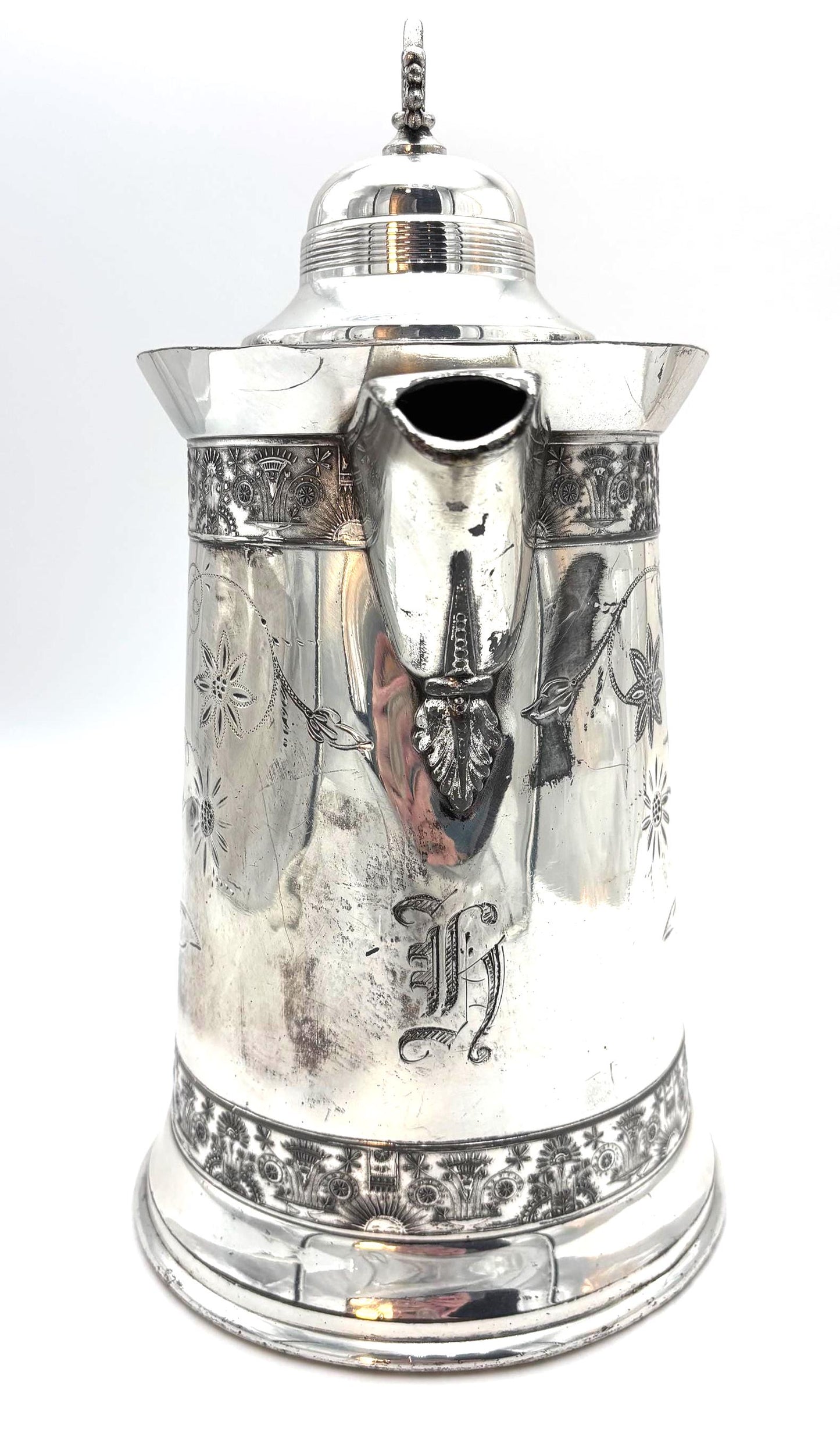 ANTIQUE AMERICAN SILVER PLATE CO QUADRUPLE SILVERPLATE COFFEE POT 14 INCH VICTORIAN FLORAL ENGRAVED ORNATE HANDLE AESTHETIC MOVEMENT
