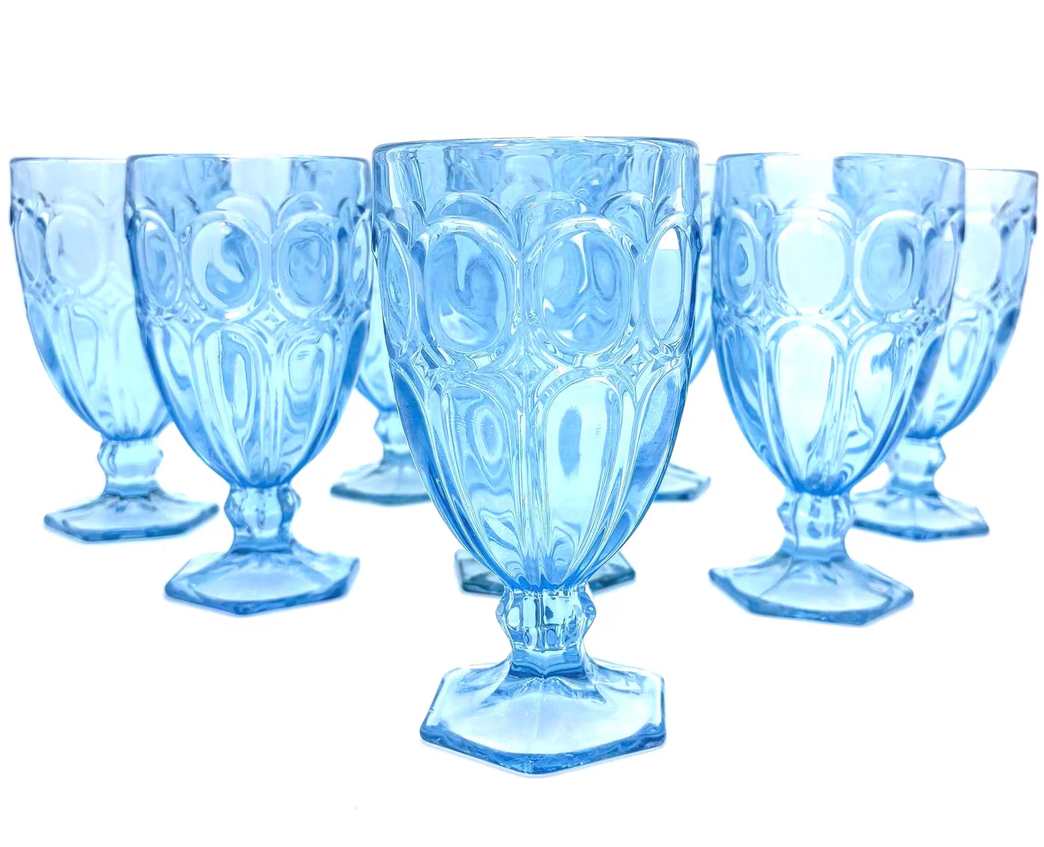 BLUE PRESSED GLASS GOBLETS SET OF 8 CIRCA 1970S RIVIERA STYLE PEDESTAL STEMWARE