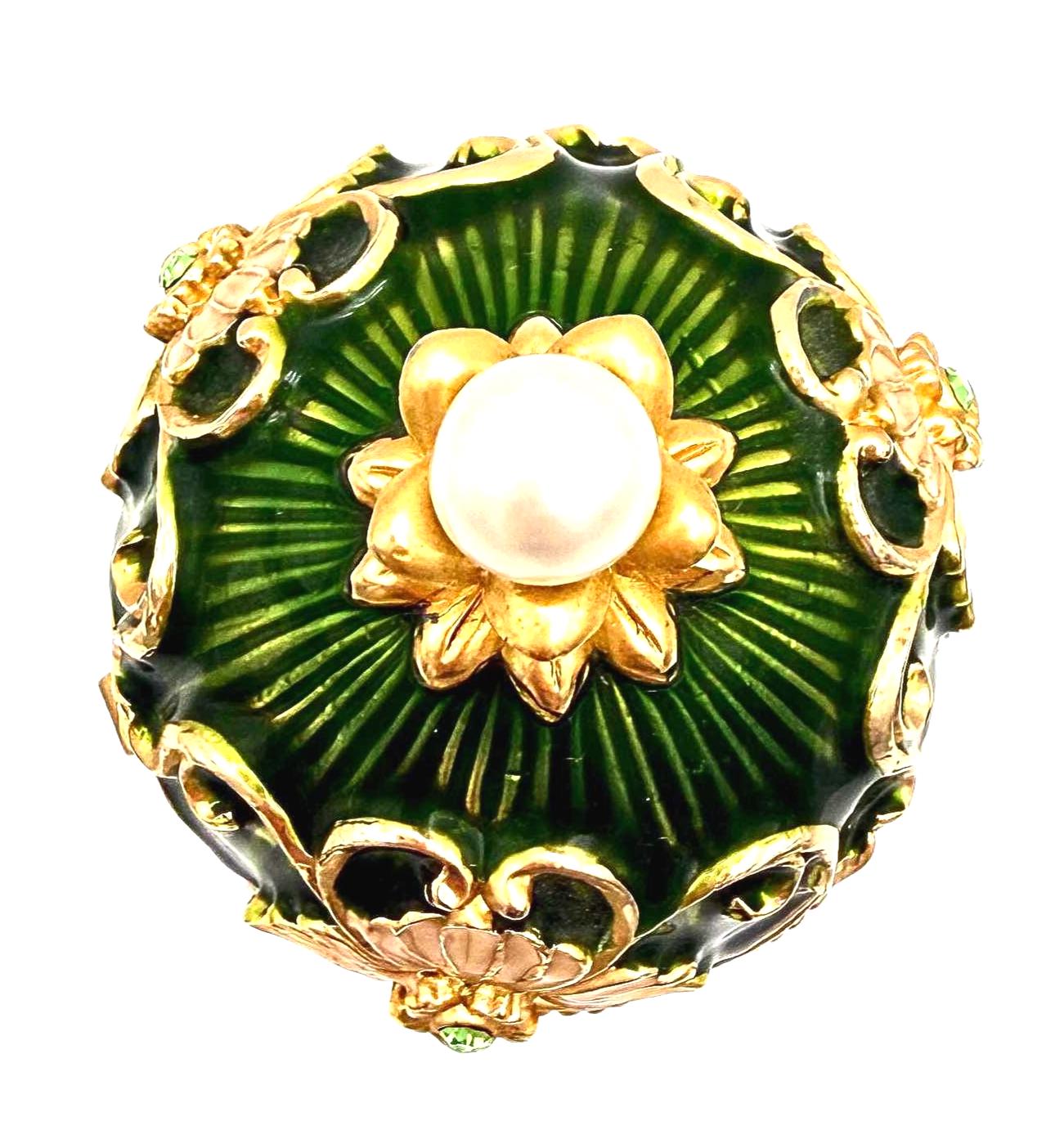 FABERGÉ STYLE EMERALD GREEN JEWELED EGG TRINKET BOX WITH GOLD SCROLLWORK AND PEDESTAL BASE – 7 INCH DECORATIVE JEWELRY BOX