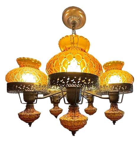 VINTAGE SPANISH REVIVAL AMBER GLASS 5 LIGHT CHANDELIER HOLLYWOOD REGENCY MEDITERRANEAN BRASS CEILING FIXTURE WITH FREE SHIPPING