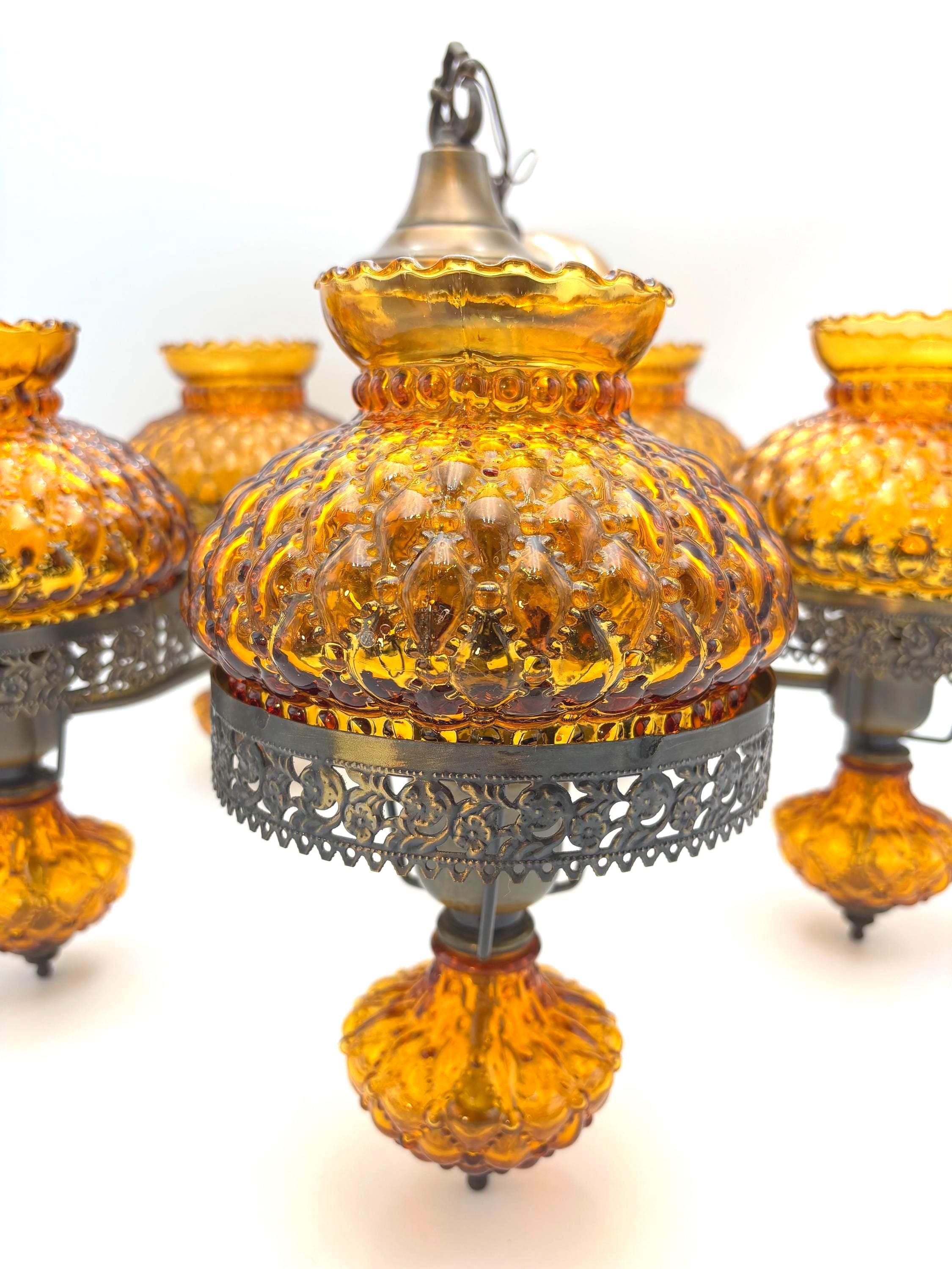 VINTAGE SPANISH REVIVAL AMBER GLASS 5 LIGHT CHANDELIER HOLLYWOOD REGENCY MEDITERRANEAN BRASS CEILING FIXTURE WITH FREE SHIPPING