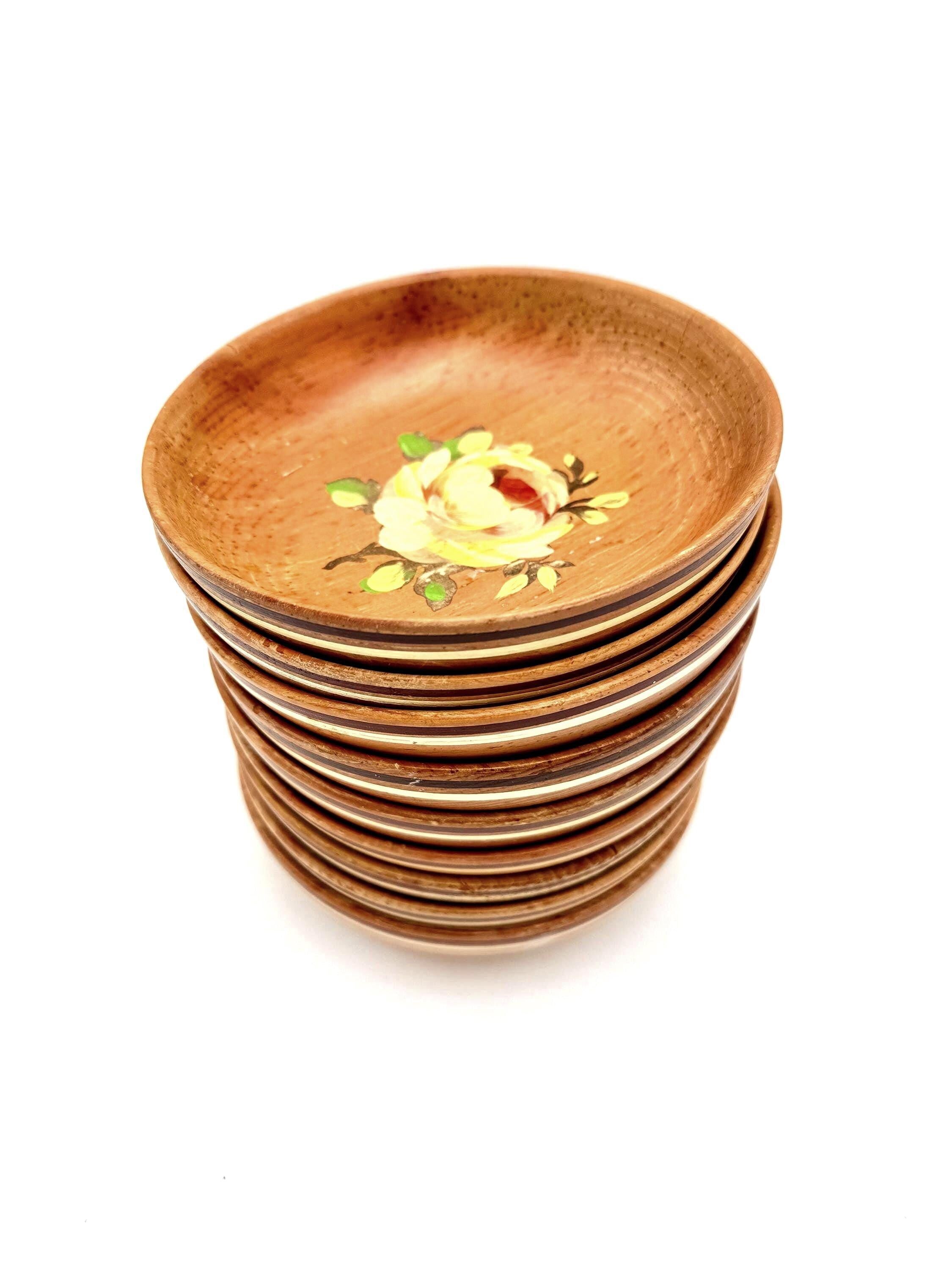 VINTAGE ROBIN HOOD WARE HAND PAINTED WOODEN BOWL SET OF 9 MID CENTURY SCANDINAVIAN FOLK SERVING BOWLS