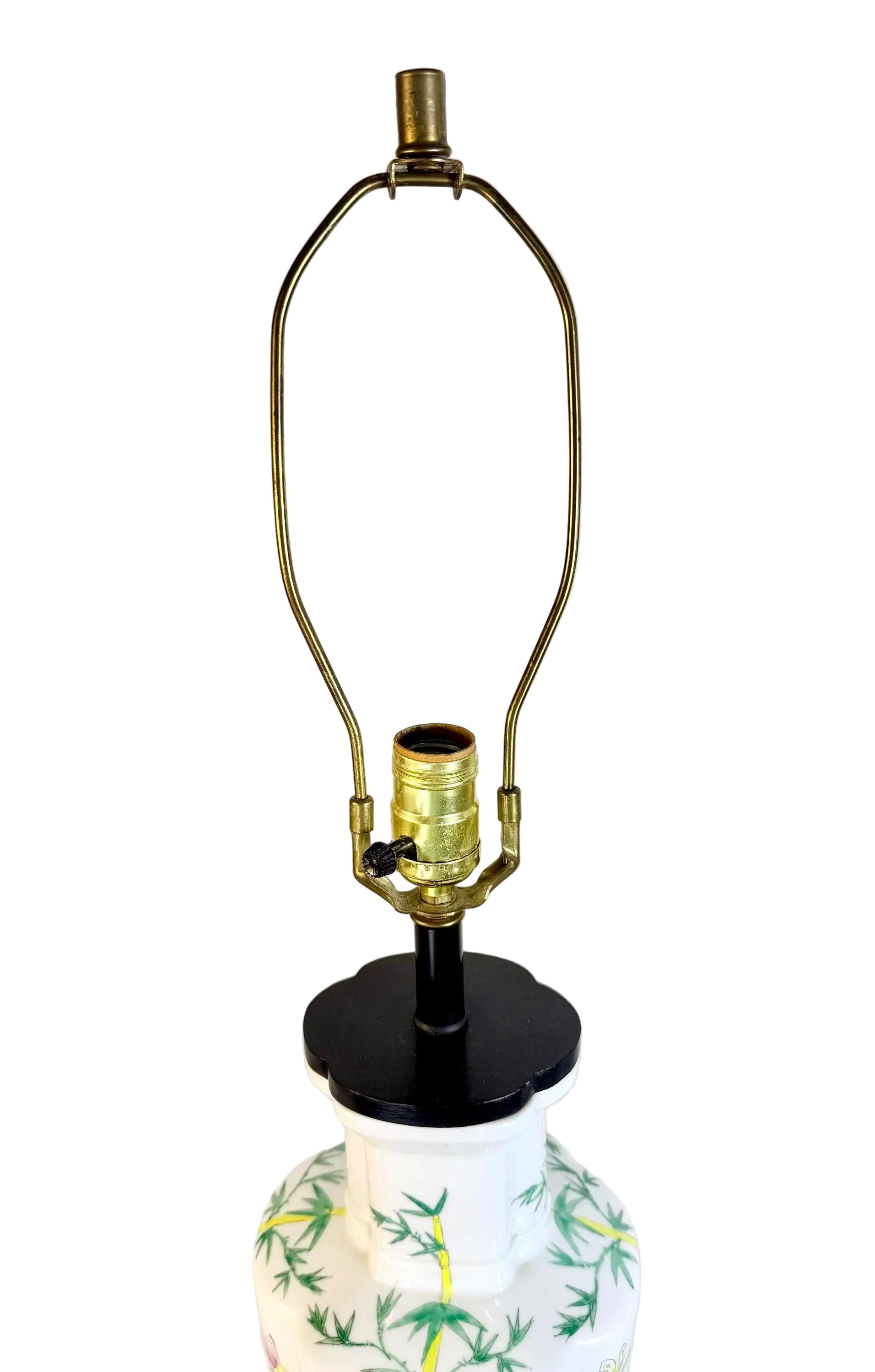 VINTAGE CHINOISERIE BAMBOO PORCELAIN TABLE LAMP WITH BUTTERFLY MOTIF – TALL WHITE GINGER JAR STYLE LIGHTING