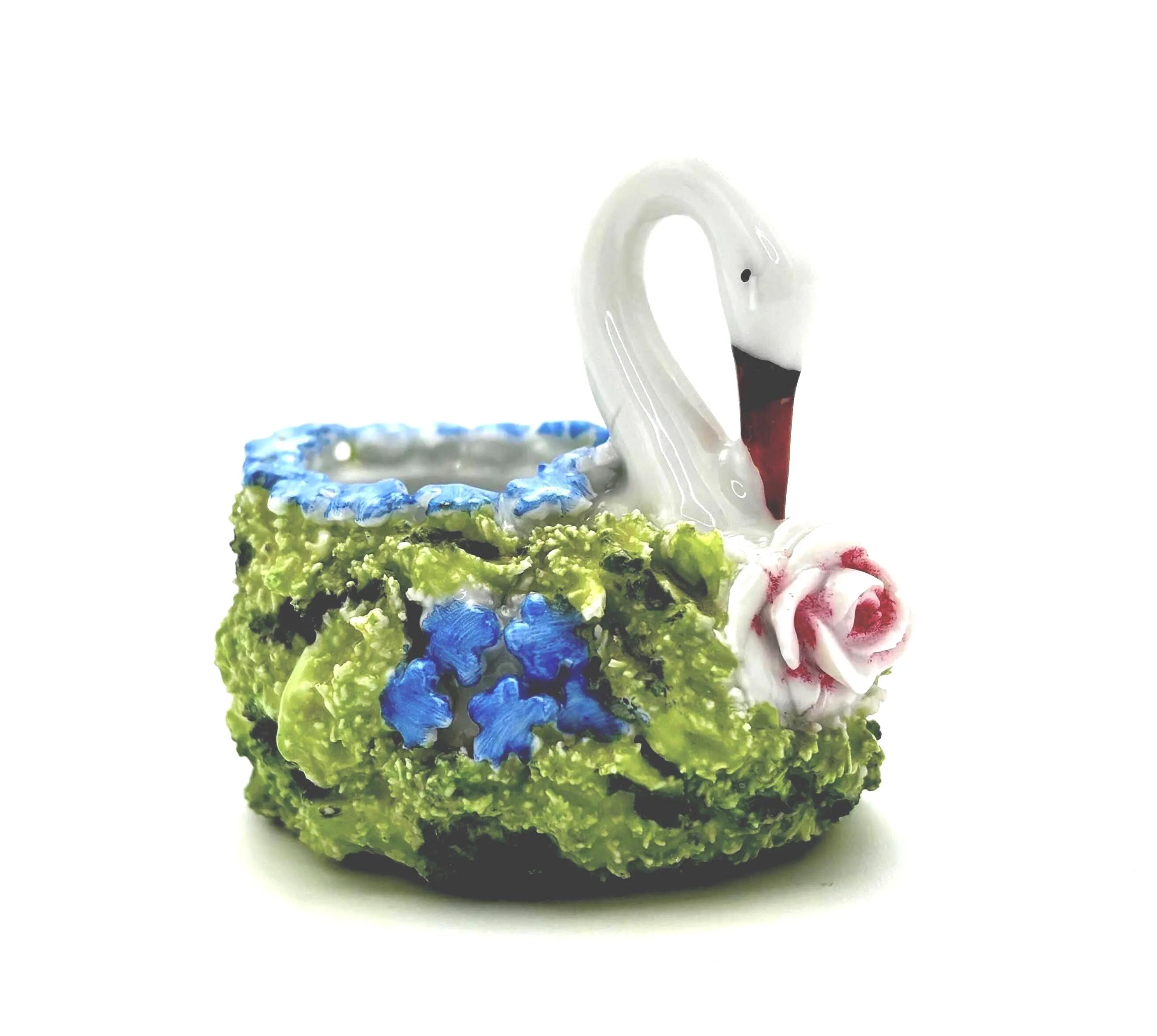 VINTAGE PORCELAIN SWAN RING DISH MADE IN JAPAN BLUE FORGET ME NOT FLORAL JEWELRY HOLDER