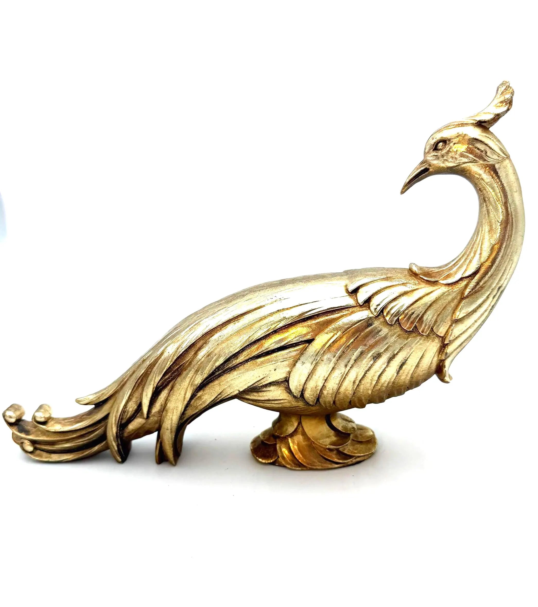 VINTAGE SYROCO GOLD PEACOCK SCULPTURE HOLLYWOOD REGENCY CHINOISERIE ART DECO TABLETOP FIGURINE