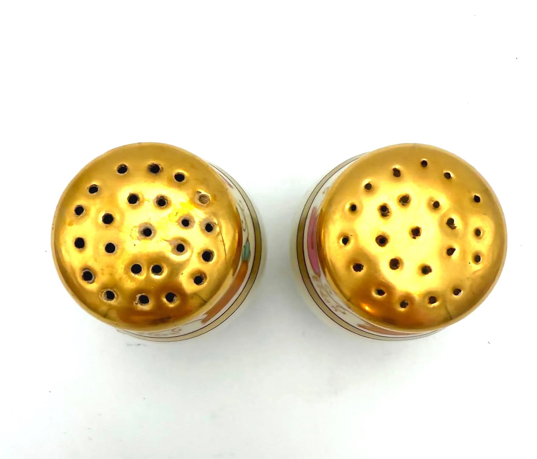 ANTIQUE PICKARD CHINA HAND PAINTED SALT AND PEPPER SHAKERS TRI COLOR FLEUR DE LIS GOLD GILT ART NOUVEAU PORCELAIN SET CIRCA 1910