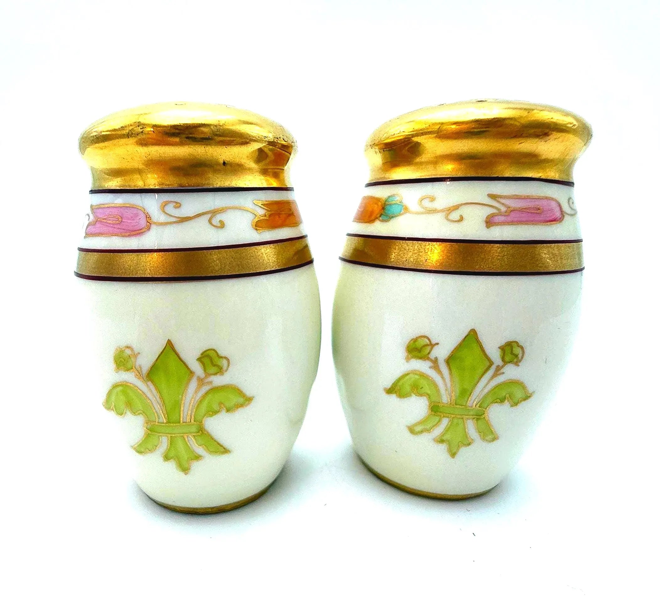ANTIQUE PICKARD CHINA HAND PAINTED SALT AND PEPPER SHAKERS TRI COLOR FLEUR DE LIS GOLD GILT ART NOUVEAU PORCELAIN SET CIRCA 1910