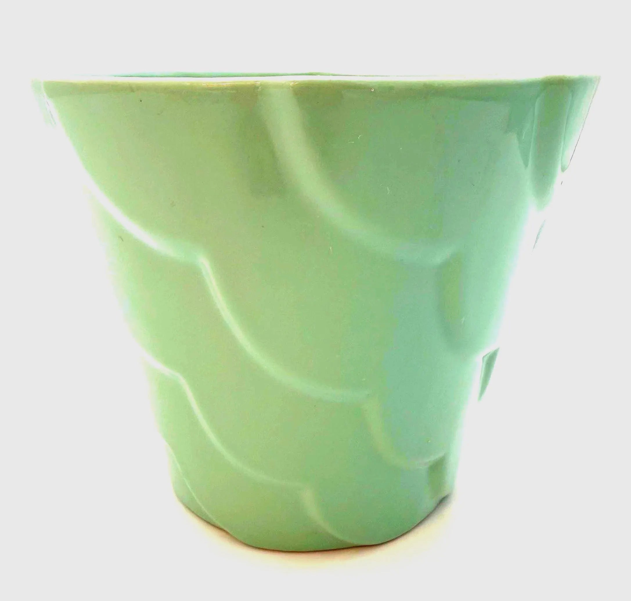 MID CENTURY CELADON CERAMIC PLANTER MINT GREEN SCULPTURAL VESSEL HOLLYWOOD REGENCY CACHEPOT VINTAGE JAPANESE STYLE
