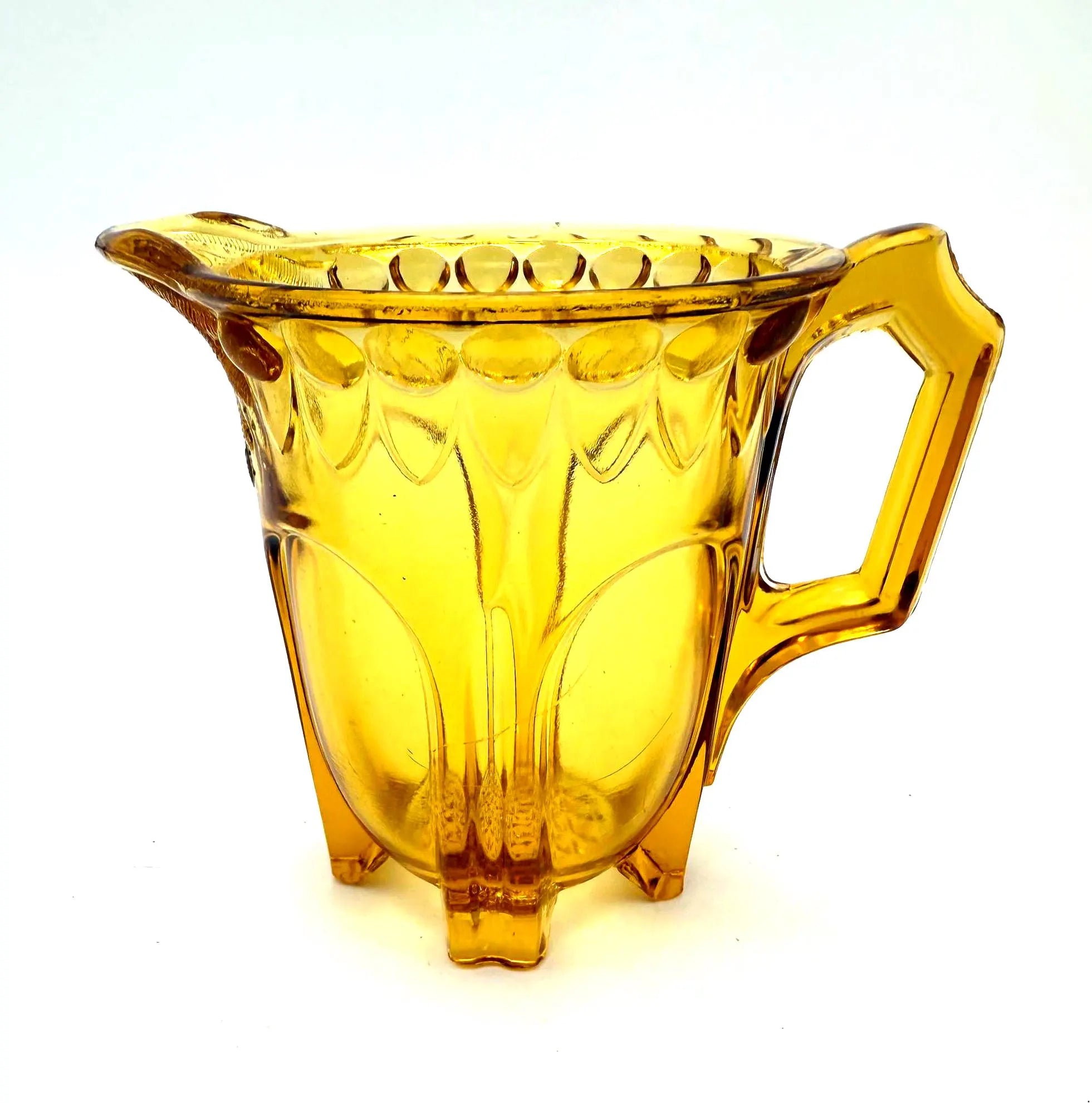 VINTAGE AMBER DEPRESSION GLASS FOOTED CREAMER PITCHER WITH SCALLOPED RIM – ART DECO ERA