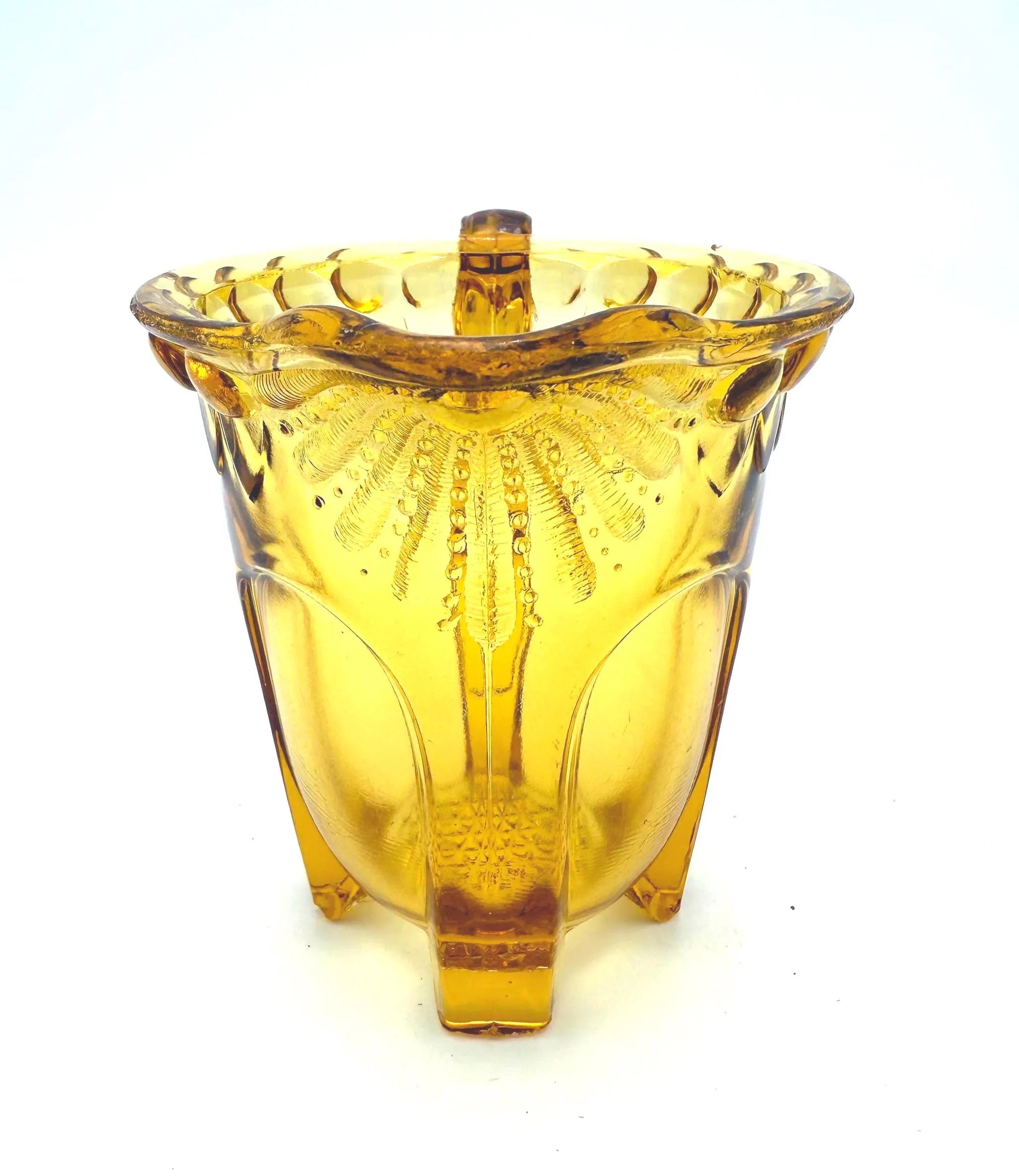 VINTAGE AMBER DEPRESSION GLASS FOOTED CREAMER PITCHER WITH SCALLOPED RIM – ART DECO ERA