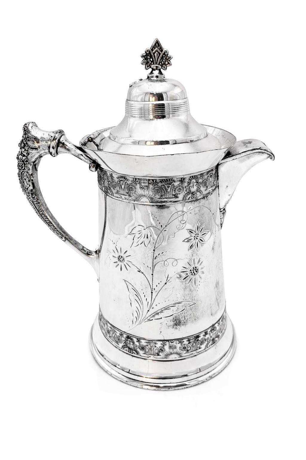 ANTIQUE AMERICAN SILVER PLATE CO QUADRUPLE SILVERPLATE COFFEE POT 14 INCH VICTORIAN FLORAL ENGRAVED ORNATE HANDLE AESTHETIC MOVEMENT