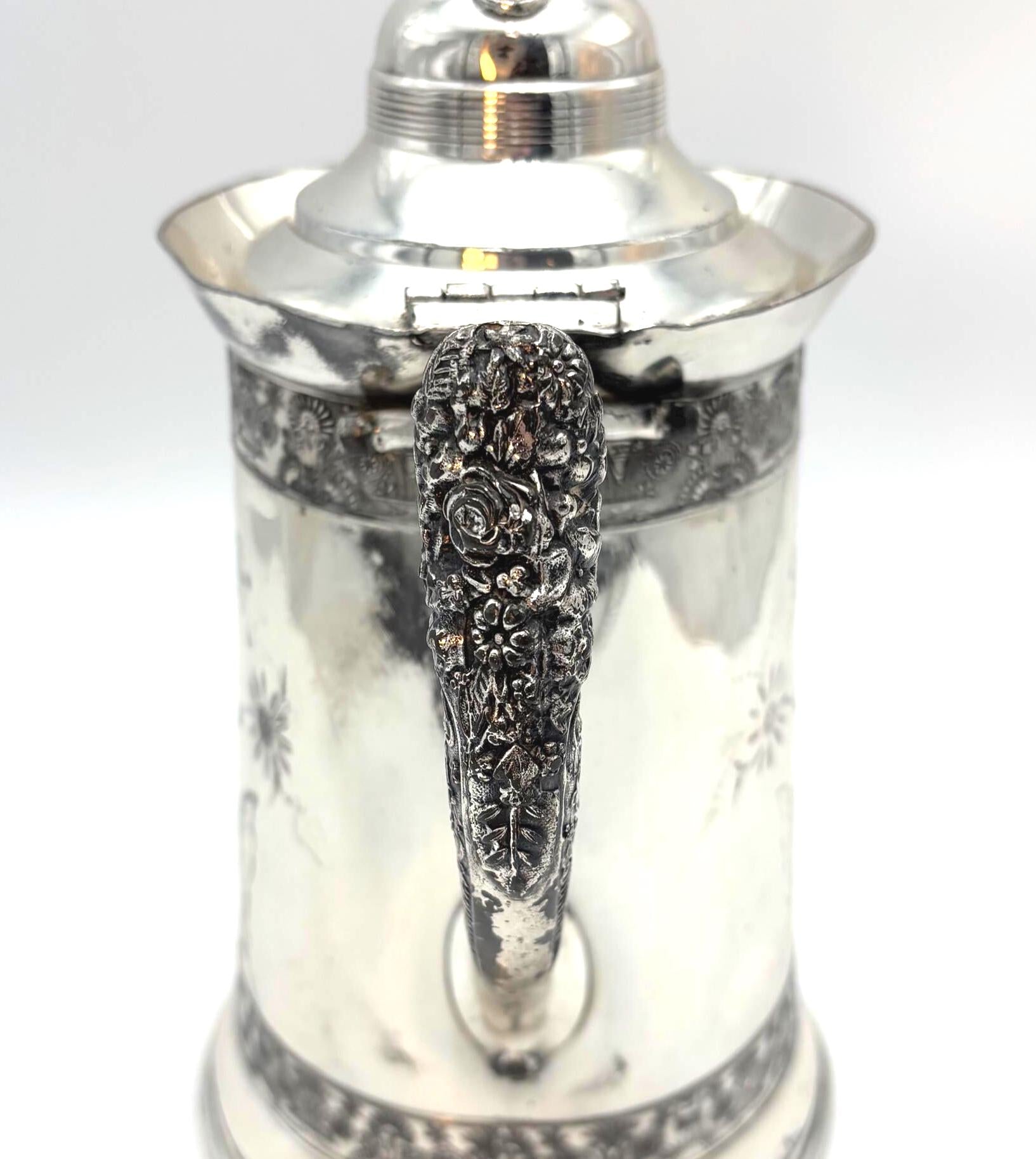 ANTIQUE AMERICAN SILVER PLATE CO QUADRUPLE SILVERPLATE COFFEE POT 14 INCH VICTORIAN FLORAL ENGRAVED ORNATE HANDLE AESTHETIC MOVEMENT