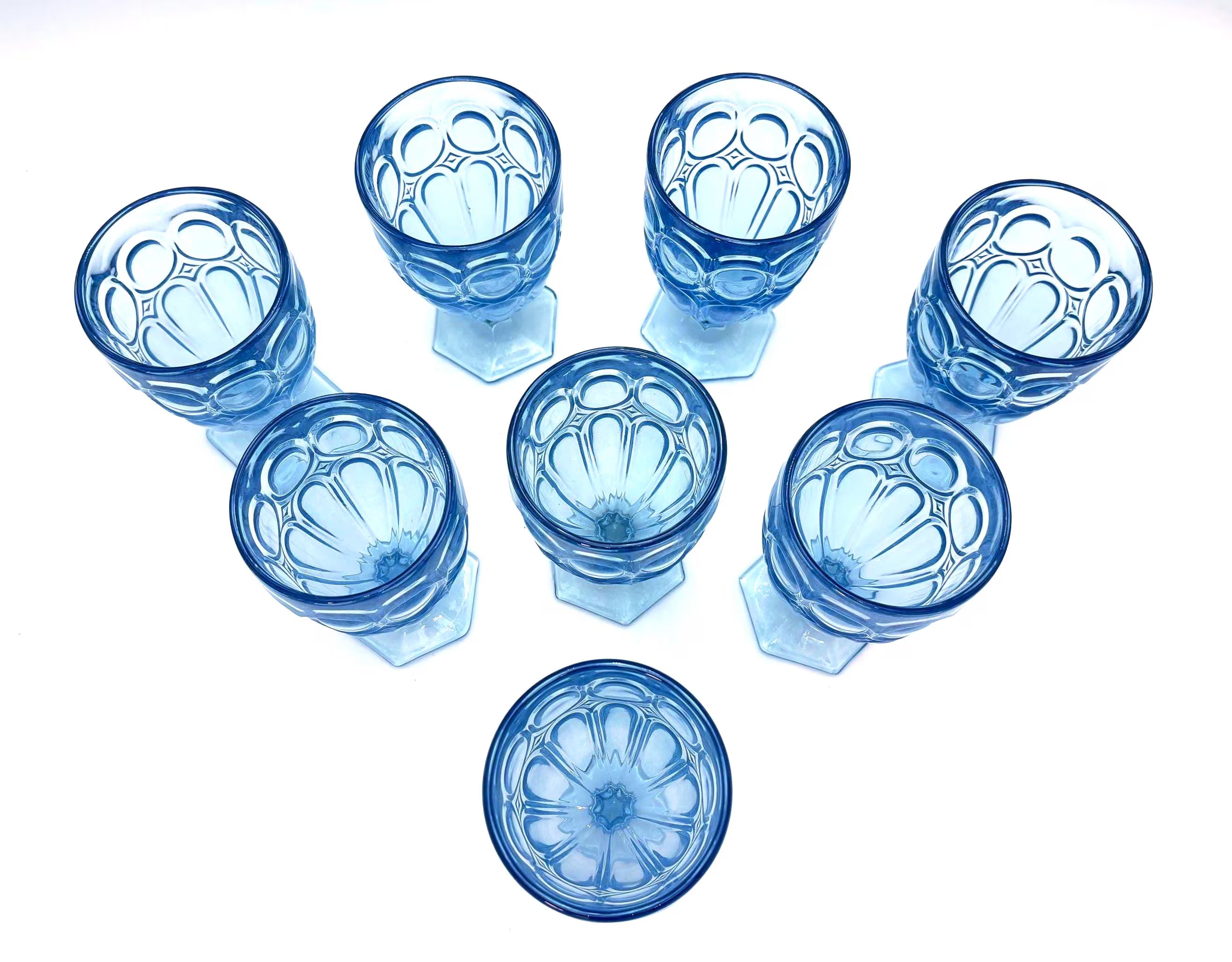 BLUE PRESSED GLASS GOBLETS SET OF 8 CIRCA 1970S RIVIERA STYLE PEDESTAL STEMWARE