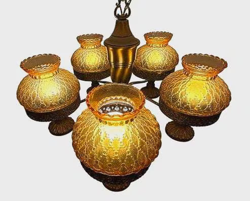 VINTAGE SPANISH REVIVAL AMBER GLASS 5 LIGHT CHANDELIER HOLLYWOOD REGENCY MEDITERRANEAN BRASS CEILING FIXTURE WITH FREE SHIPPING