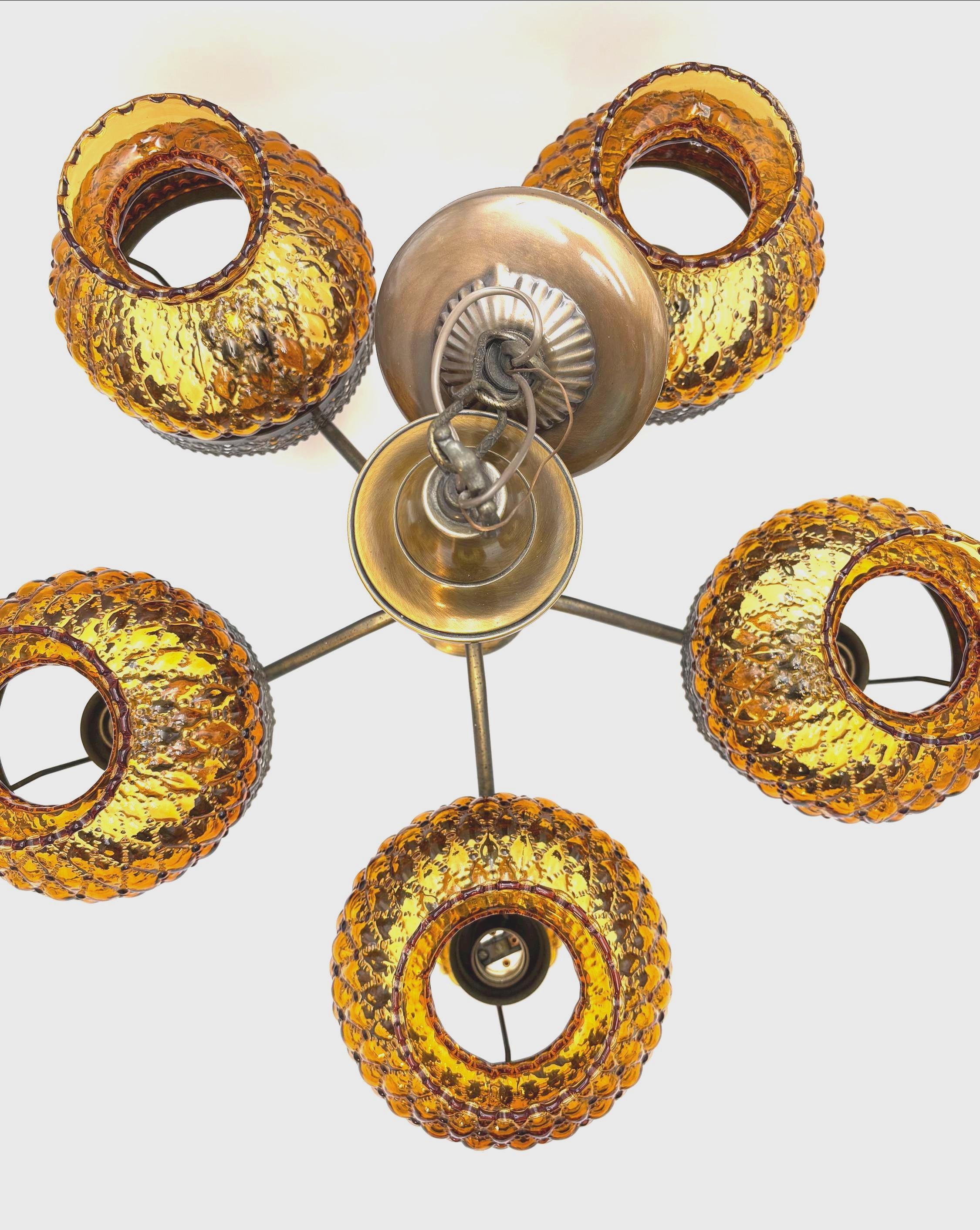 VINTAGE SPANISH REVIVAL AMBER GLASS 5 LIGHT CHANDELIER HOLLYWOOD REGENCY MEDITERRANEAN BRASS CEILING FIXTURE WITH FREE SHIPPING