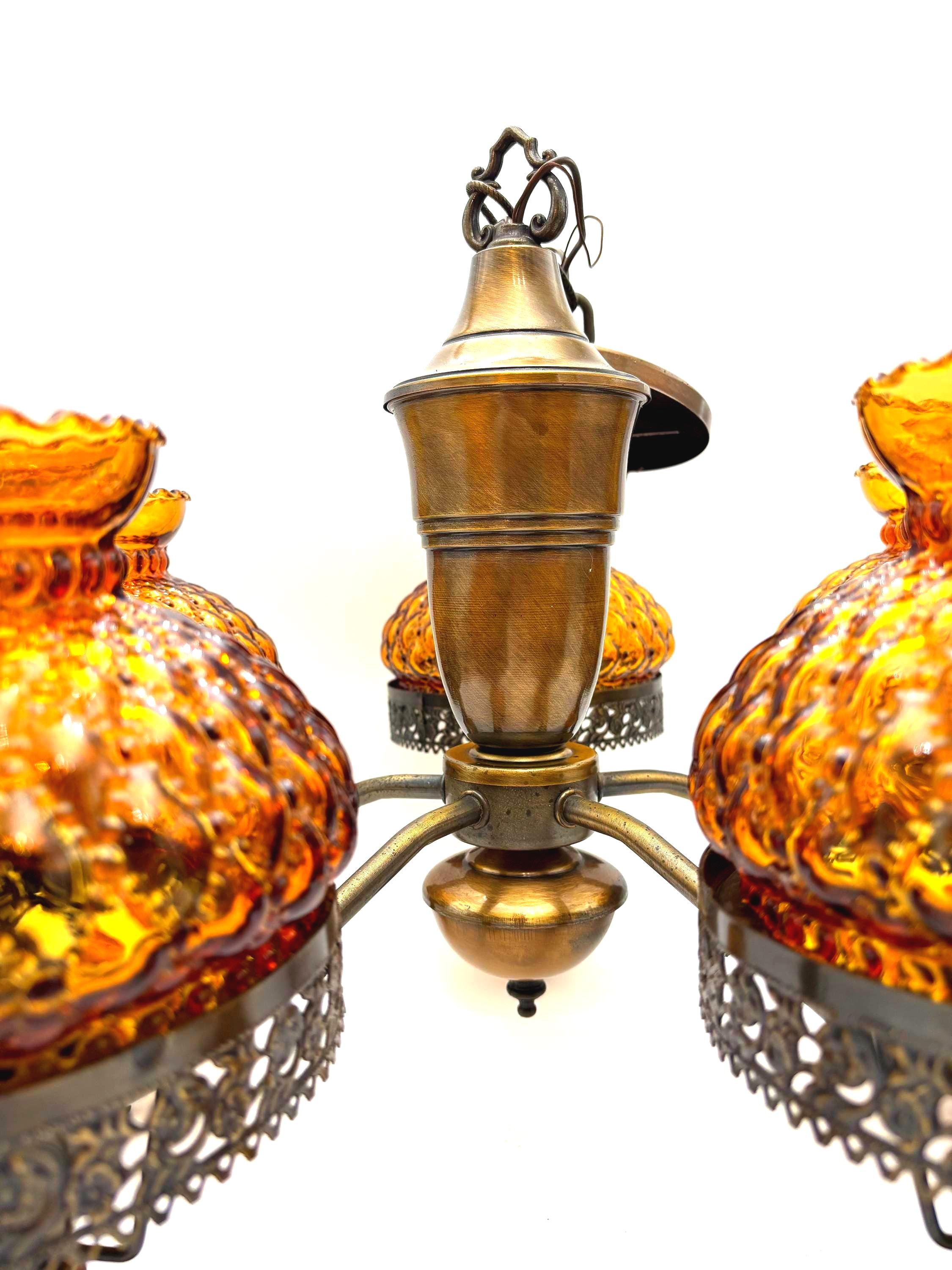VINTAGE SPANISH REVIVAL AMBER GLASS 5 LIGHT CHANDELIER HOLLYWOOD REGENCY MEDITERRANEAN BRASS CEILING FIXTURE WITH FREE SHIPPING