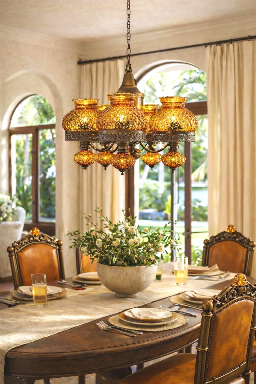 VINTAGE SPANISH REVIVAL AMBER GLASS 5 LIGHT CHANDELIER HOLLYWOOD REGENCY MEDITERRANEAN BRASS CEILING FIXTURE WITH FREE SHIPPING