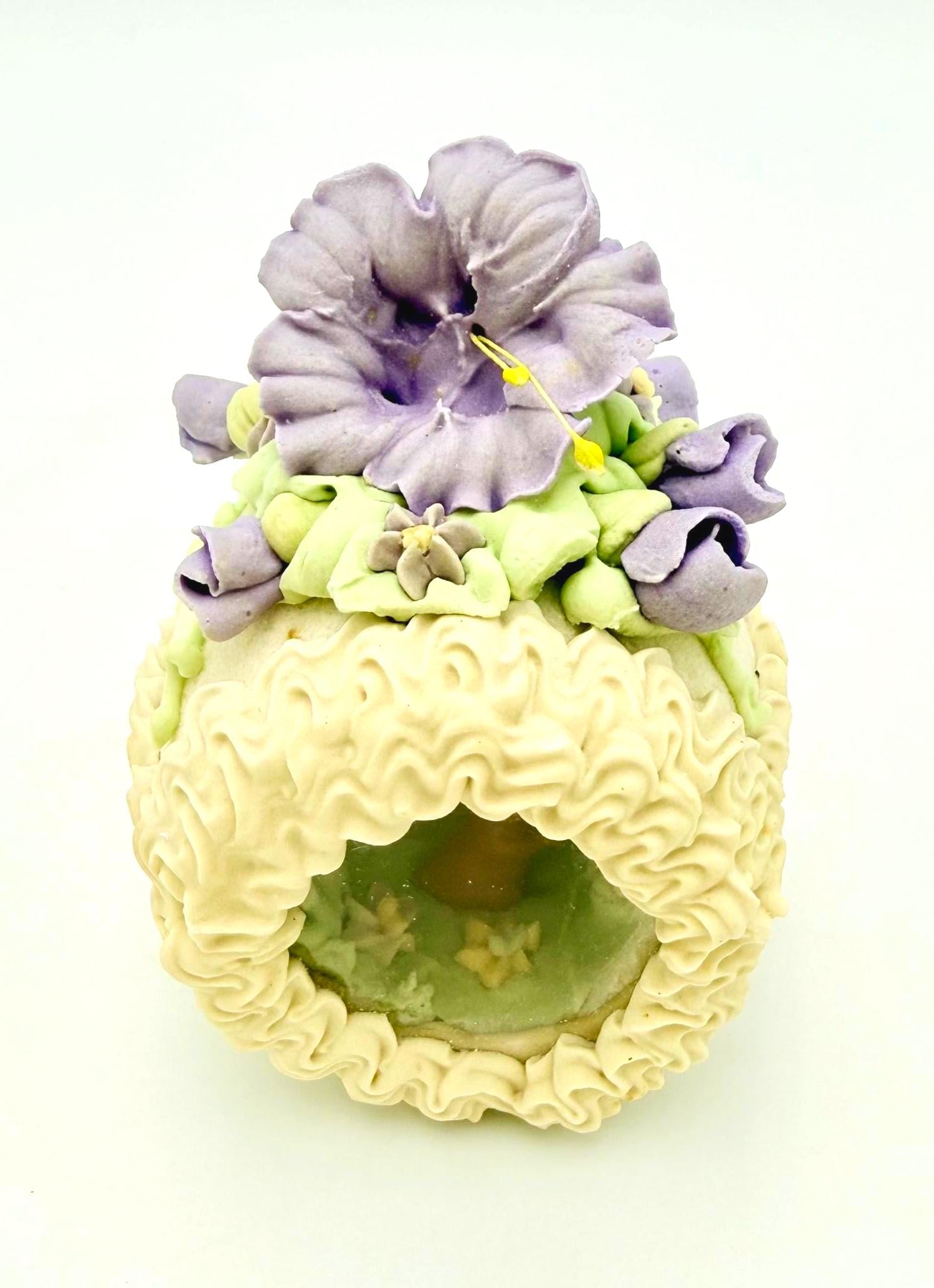 VINTAGE EASTER BUNNY EGG DIORAMA TRINKET BOX FLORAL SUGAR EGG STYLE MINIATURE SPRING DISPLAY COTTAGE DECOR