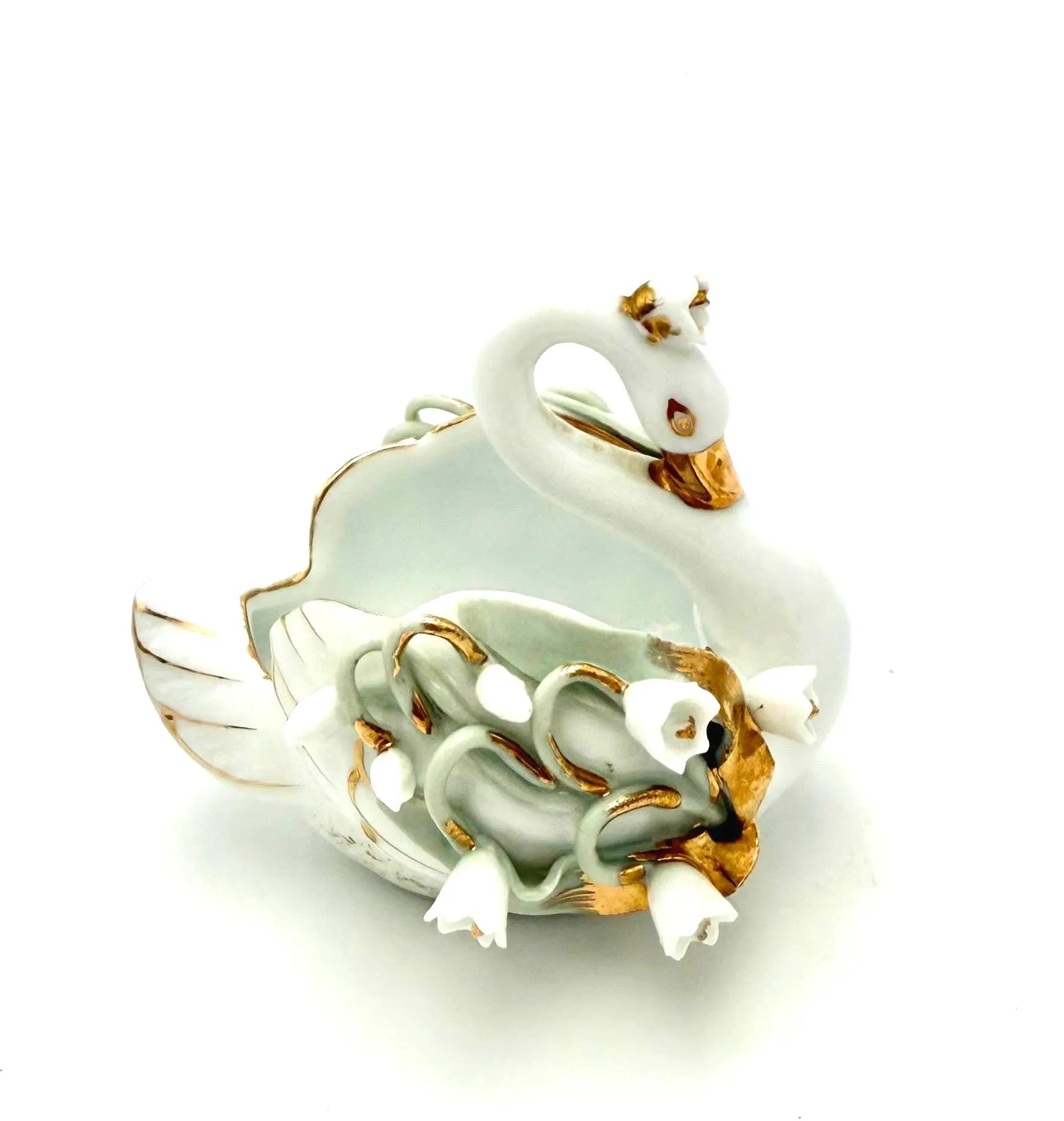 VINTAGE LEFTON CHINA PORCELAIN SWAN • LILY-OF-THE-VALLEY • GOLD GILT • HAND PAINTED