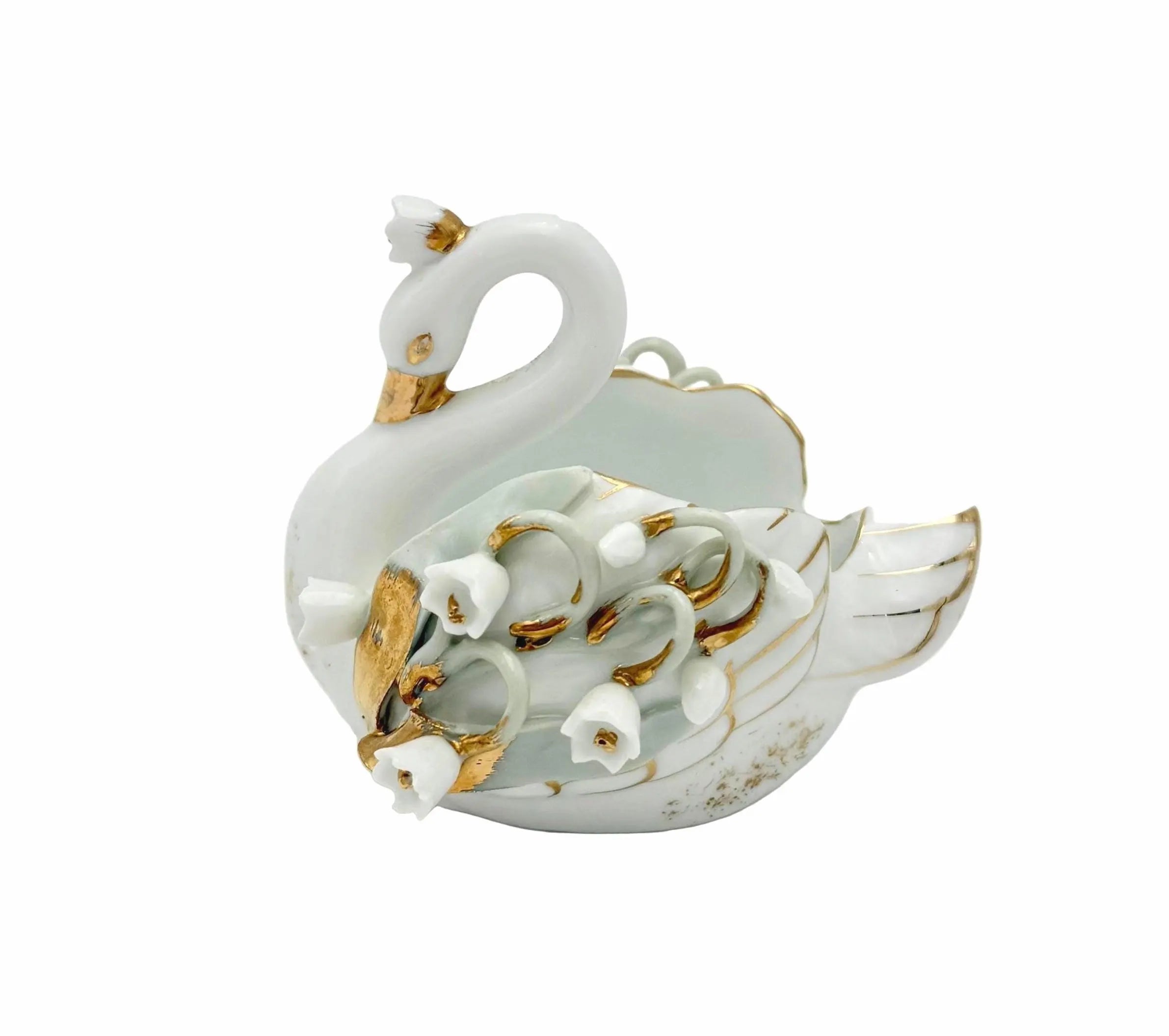 VINTAGE LEFTON CHINA PORCELAIN SWAN • LILY-OF-THE-VALLEY • GOLD GILT • HAND PAINTED