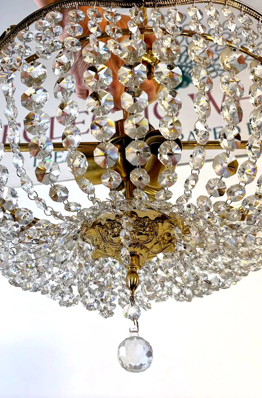 Vintage Hollywood Regency Crystal Flush Mount Chandelier Gilt Gold Ceiling Light Italian Basket Fixture Mid Century Glam Lighting 16.5 Inch