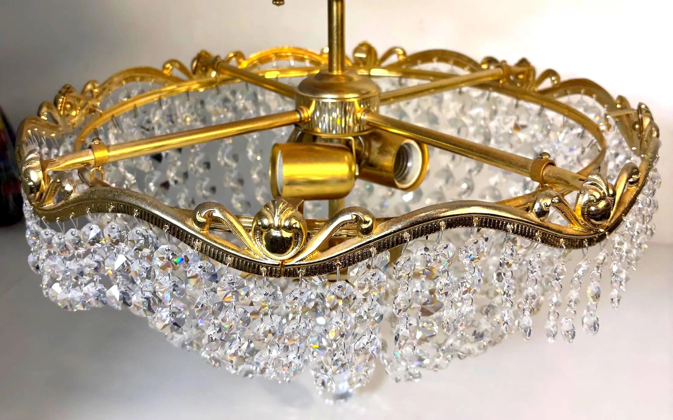 Vintage Hollywood Regency Crystal Flush Mount Chandelier Gilt Gold Ceiling Light Italian Basket Fixture Mid Century Glam Lighting 16.5 Inch