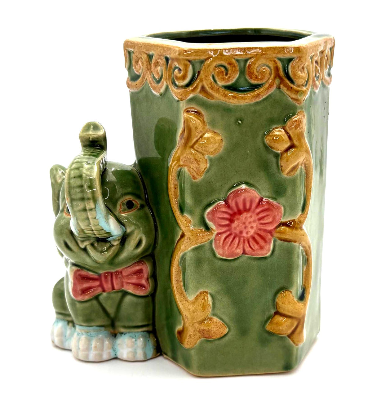 Vintage Ceramic Elephant Planter, Green Glazed Figural Cachepot with Floral Relief, Hand Marked Mid Century Planter, Nursery Decor