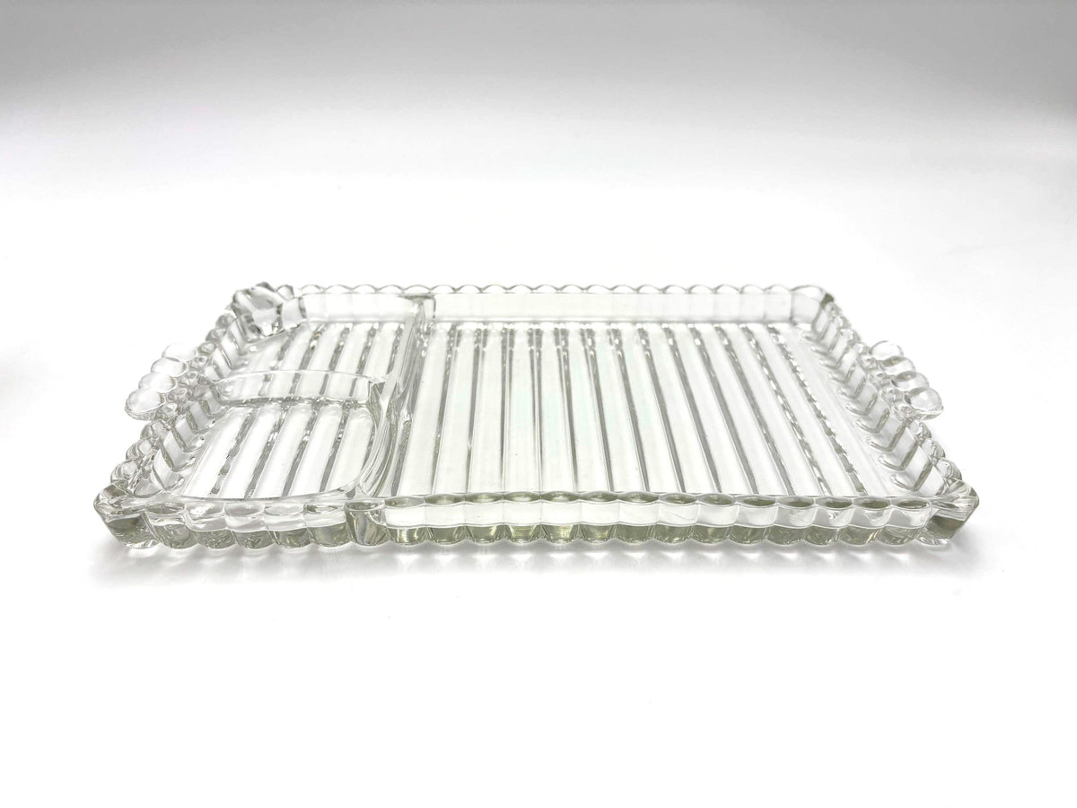 Vintage Glass Relish Tray Set of 4, Mid Century Serving Trays, Federal Glass Attributed, Clear Glass Appetizer Plates, Cocktail Hostess Set