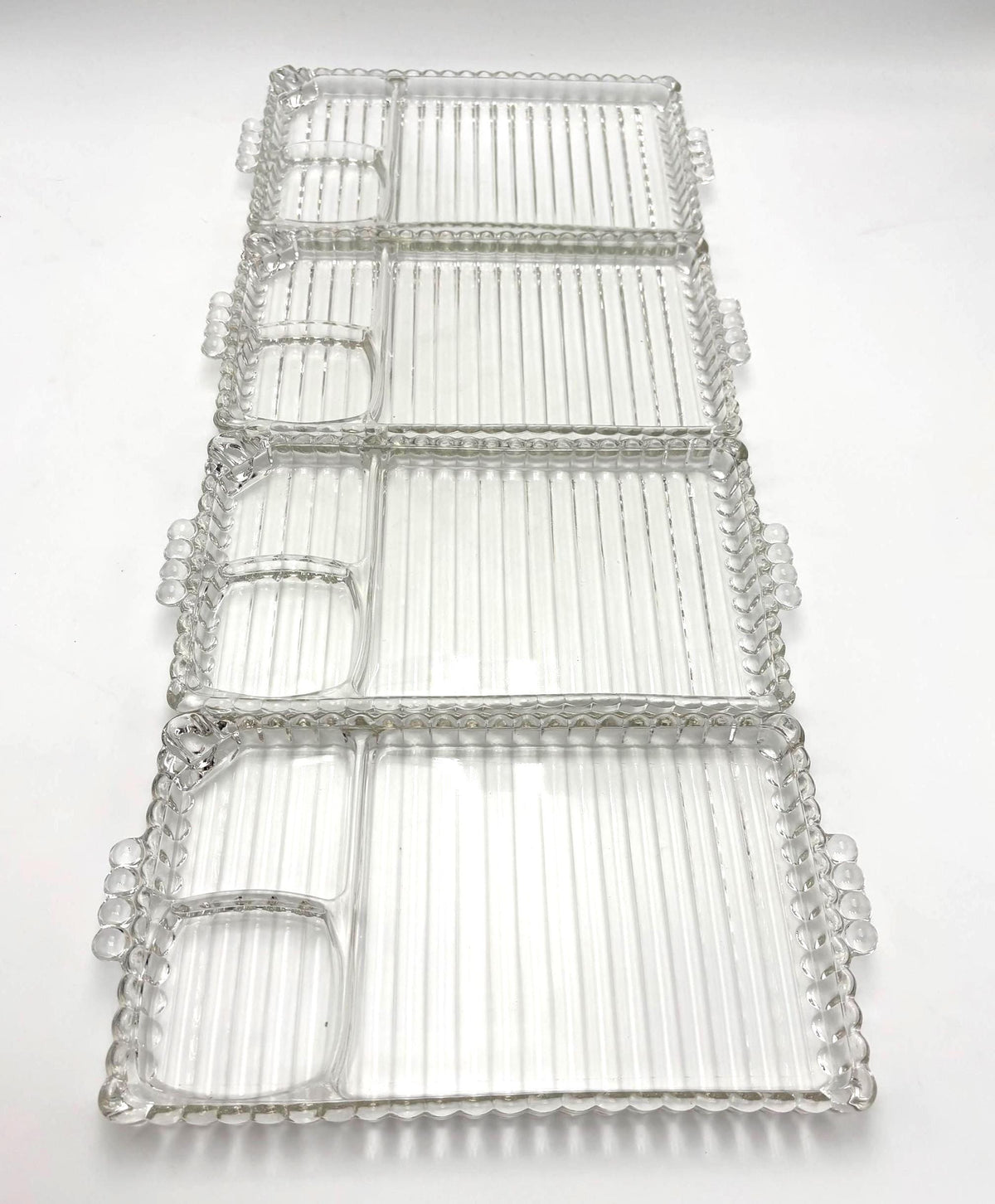 Vintage Glass Relish Tray Set of 4, Mid Century Serving Trays, Federal Glass Attributed, Clear Glass Appetizer Plates, Cocktail Hostess Set