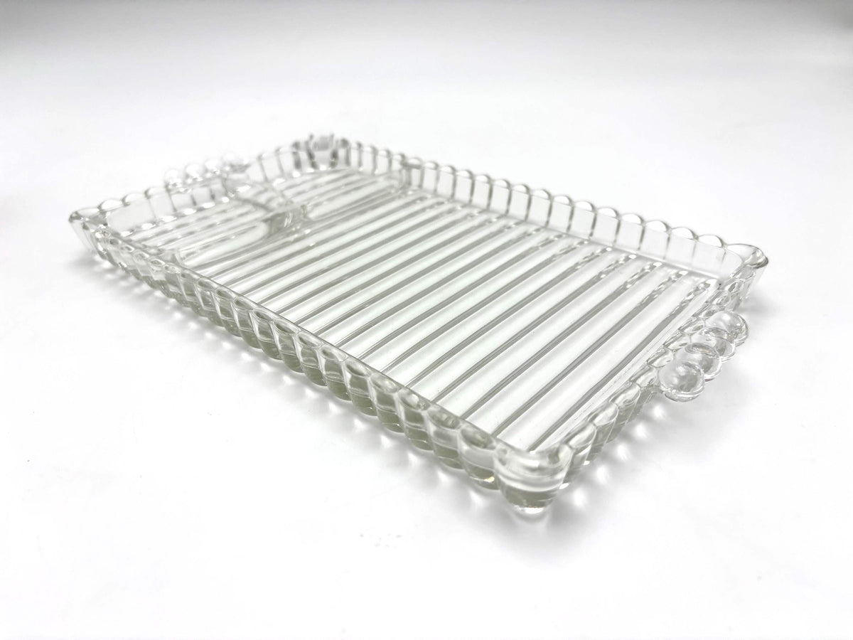 Vintage Glass Relish Tray Set of 4, Mid Century Serving Trays, Federal Glass Attributed, Clear Glass Appetizer Plates, Cocktail Hostess Set