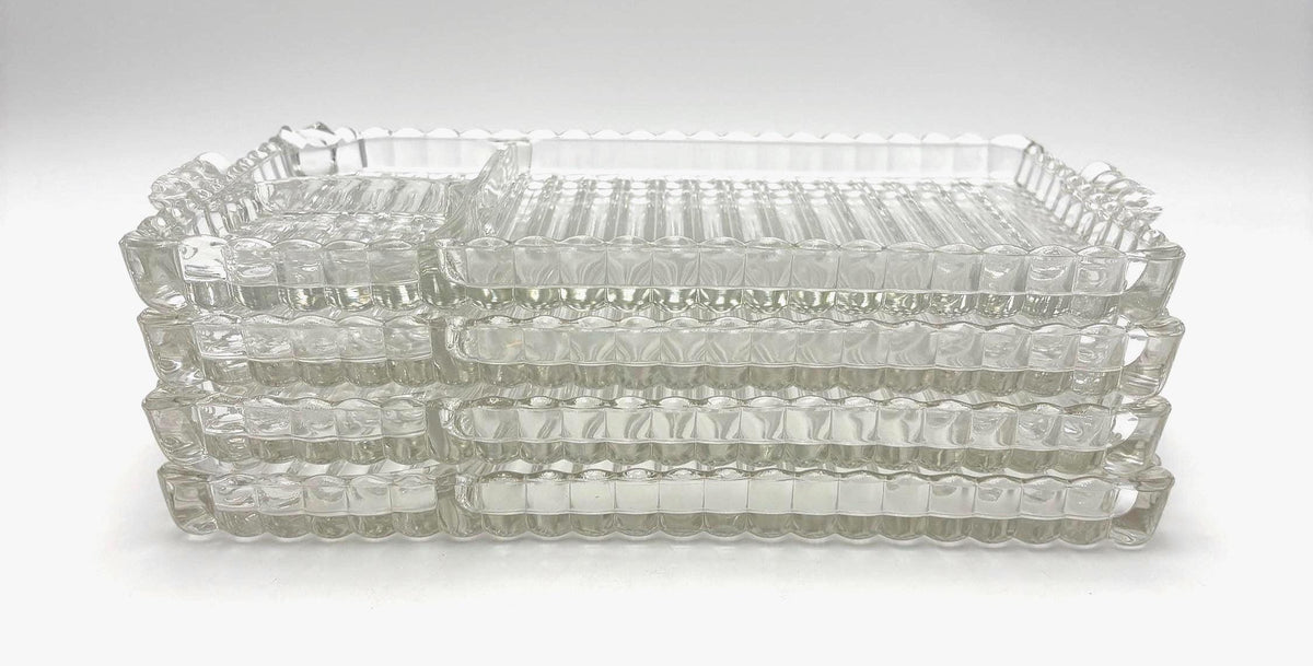 Vintage Glass Relish Tray Set of 4, Mid Century Serving Trays, Federal Glass Attributed, Clear Glass Appetizer Plates, Cocktail Hostess Set