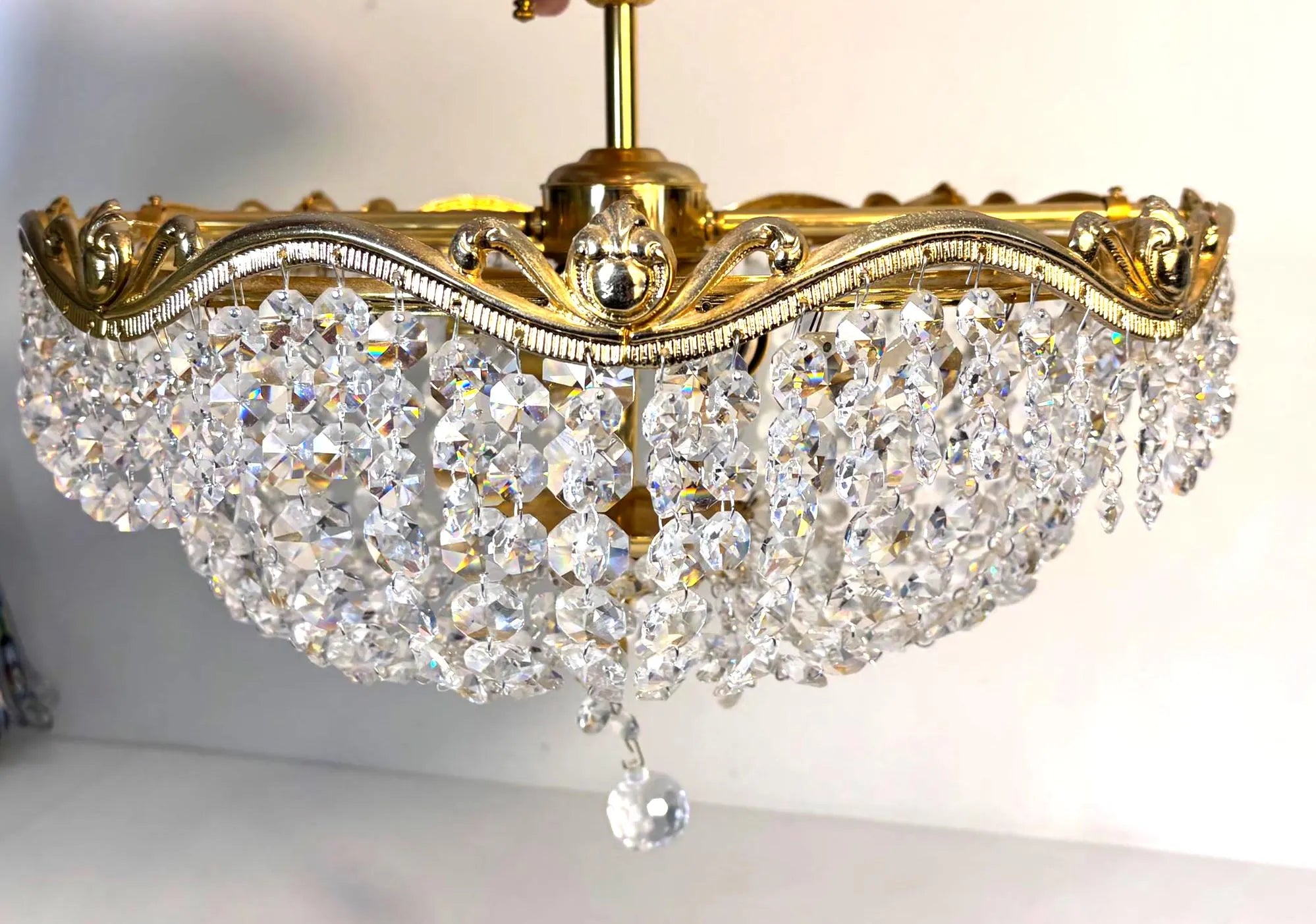 Vintage Hollywood Regency Crystal Flush Mount Chandelier Gilt Gold Ceiling Light Italian Basket Fixture Mid Century Glam Lighting 16.5 Inch