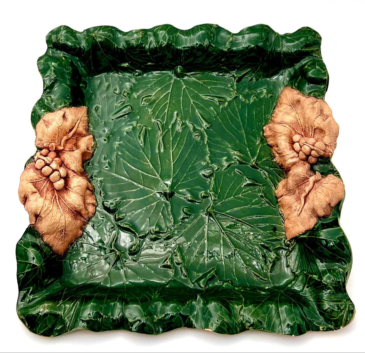 Vintage Charlestowne Porcelain Platter, Handmade Botanical Ceramic Art Plate, Green Majolica Style Leaf Plate, Sculptural Wall Decor