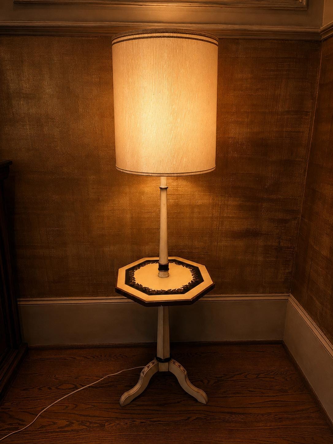 Vintage Hollywood Regency Floor Lamp with Built In Table and Original Shade, Palm Beach Regency, Cream & Gold Lamp, Mid Century Lighting