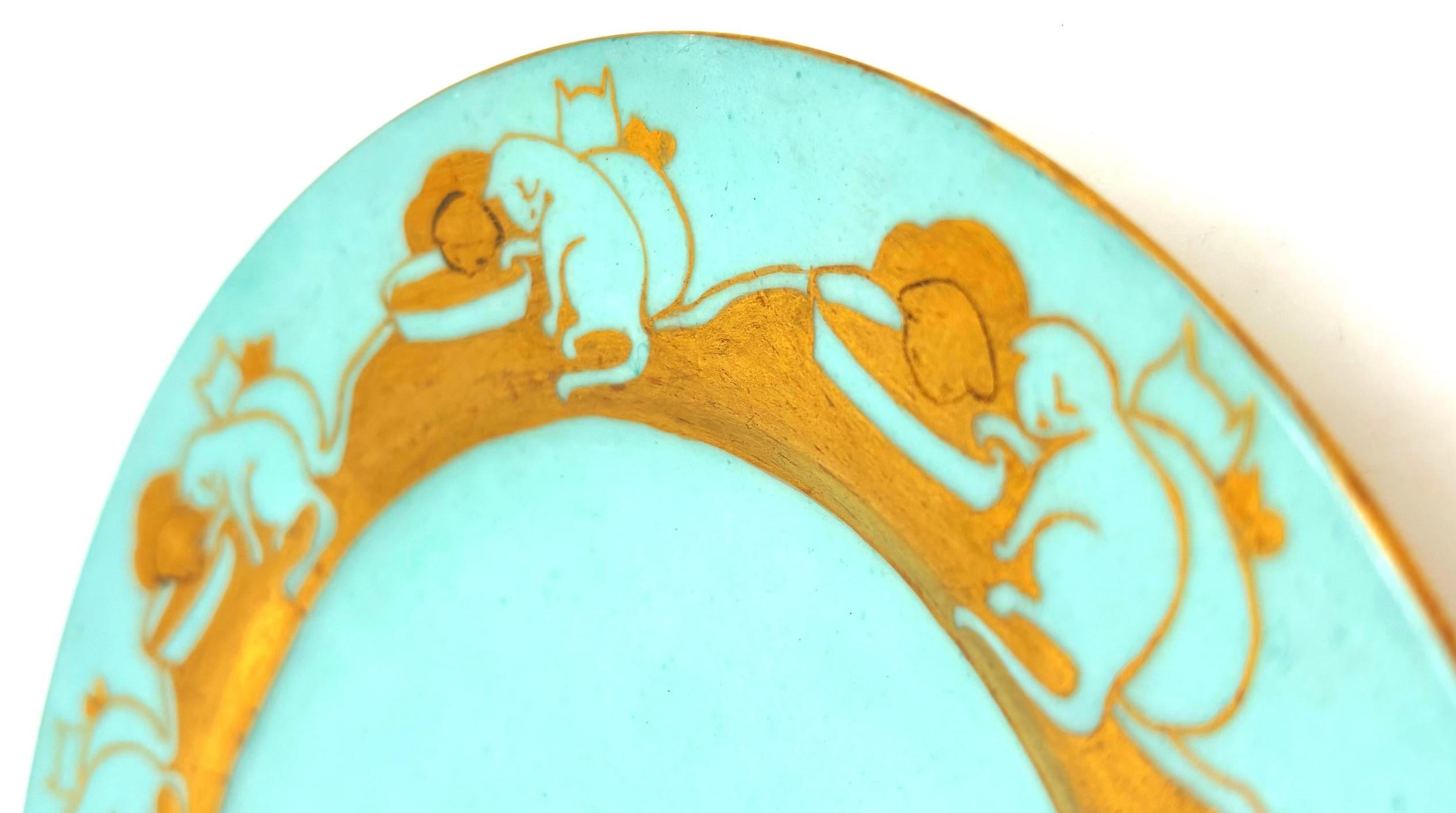 ANTIQUE T&amp;V LIMOGES CAT CREAMER AND SAUCER – TURQUOISE AND GOLD FRENCH PORCELAIN