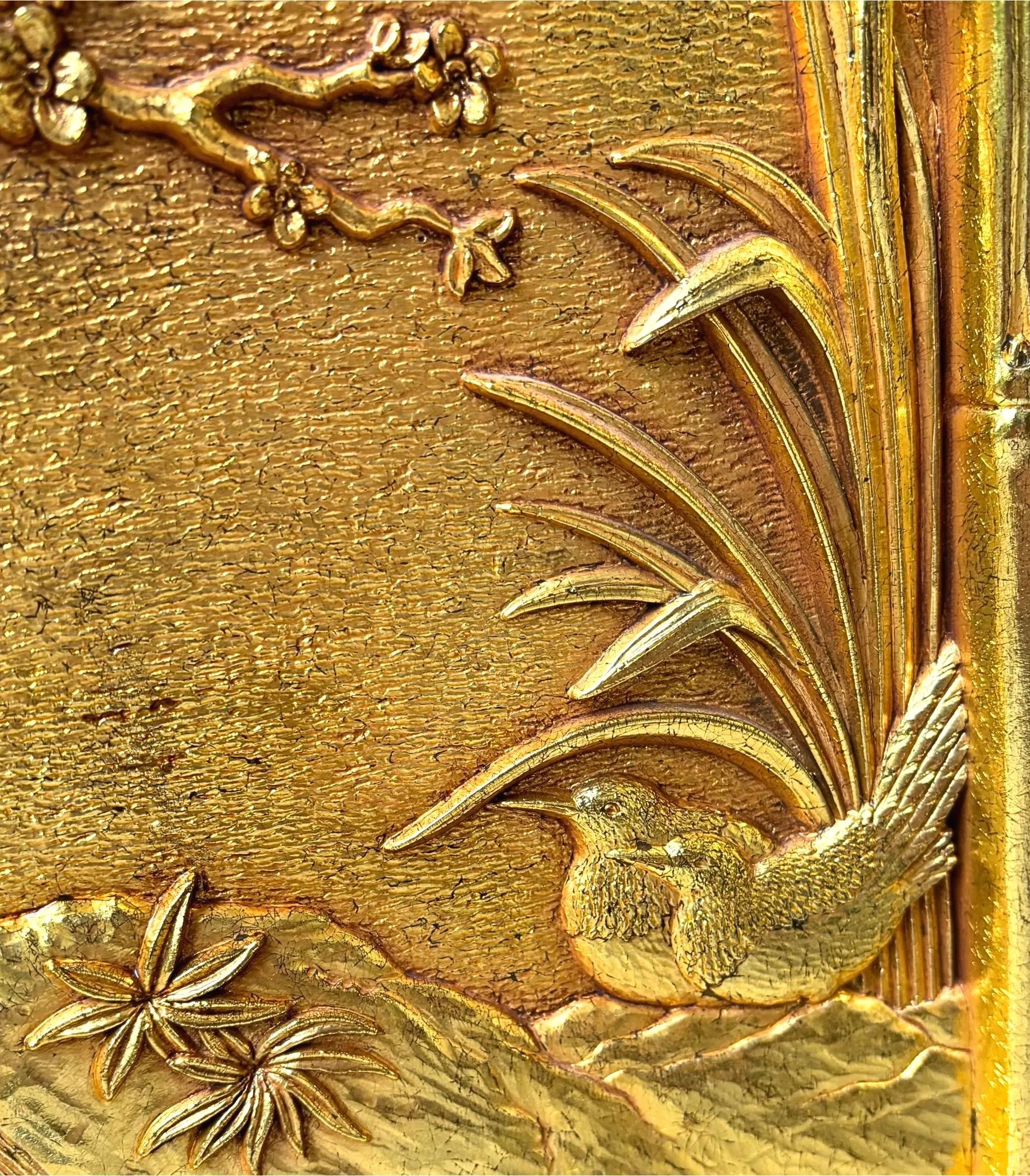 VINTAGE SYROCO GOLD BIRD WALL PLAQUES – 1981 CHINOISERIE FAUX BAMBOO SET OF 2