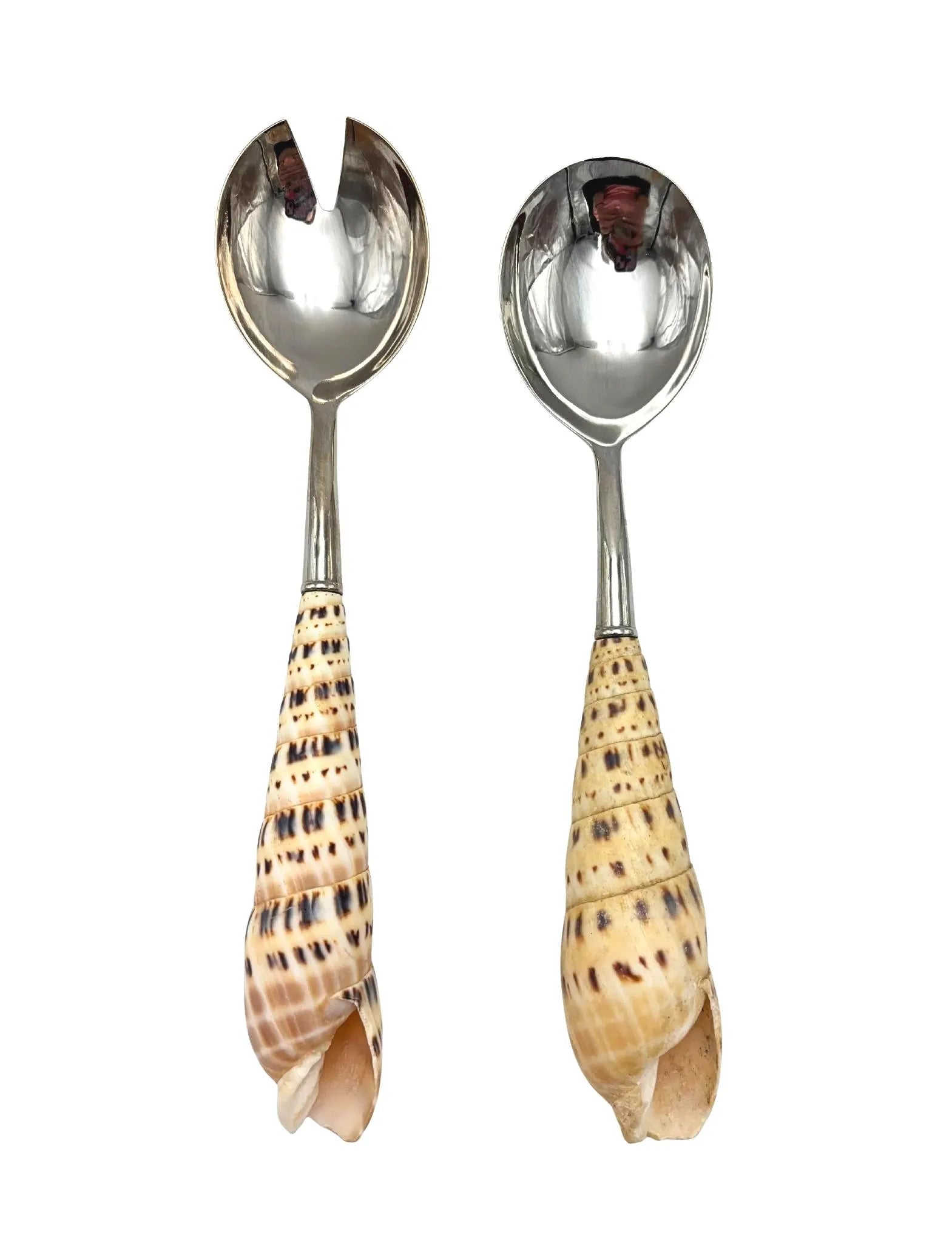 VINTAGE MUD PIE NATURAL AUGER SHELL SALAD SERVERS – TWO-PIECE COASTAL SERVING SET