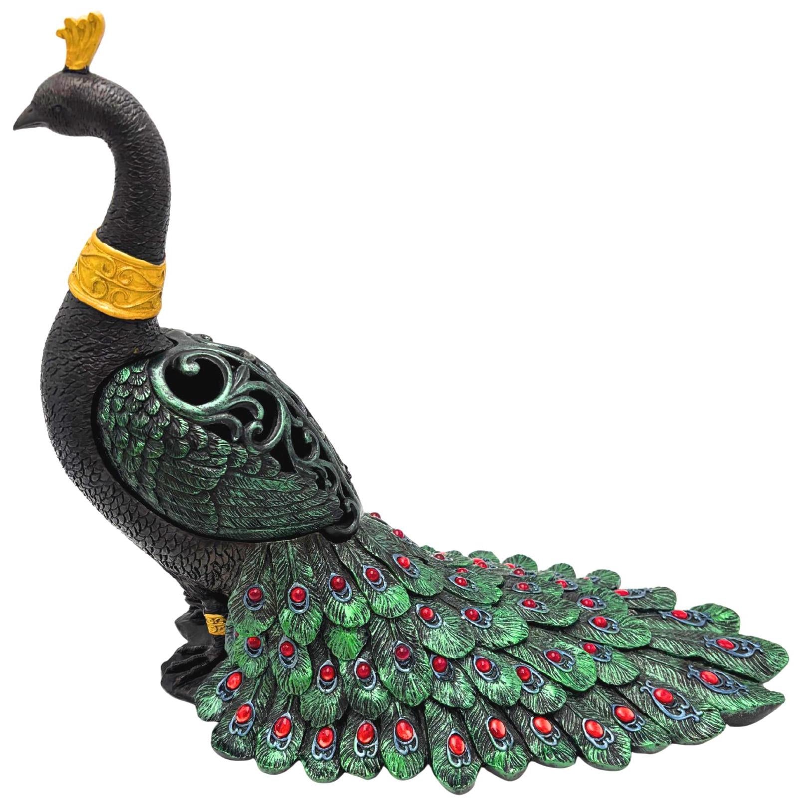 LARGE JEWELED PEACOCK DECORATIVE STORAGE VESSEL