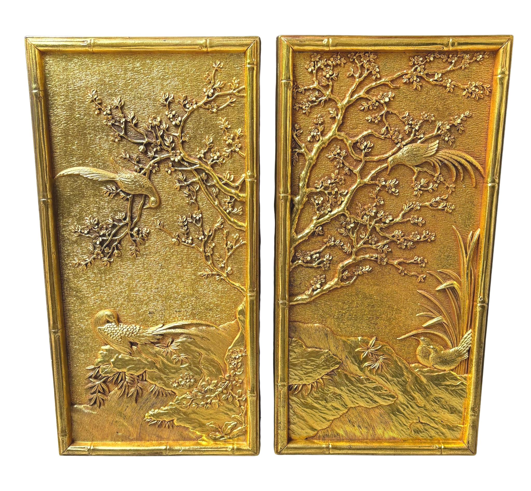 VINTAGE SYROCO GOLD BIRD WALL PLAQUES – 1981 CHINOISERIE FAUX BAMBOO SET OF 2