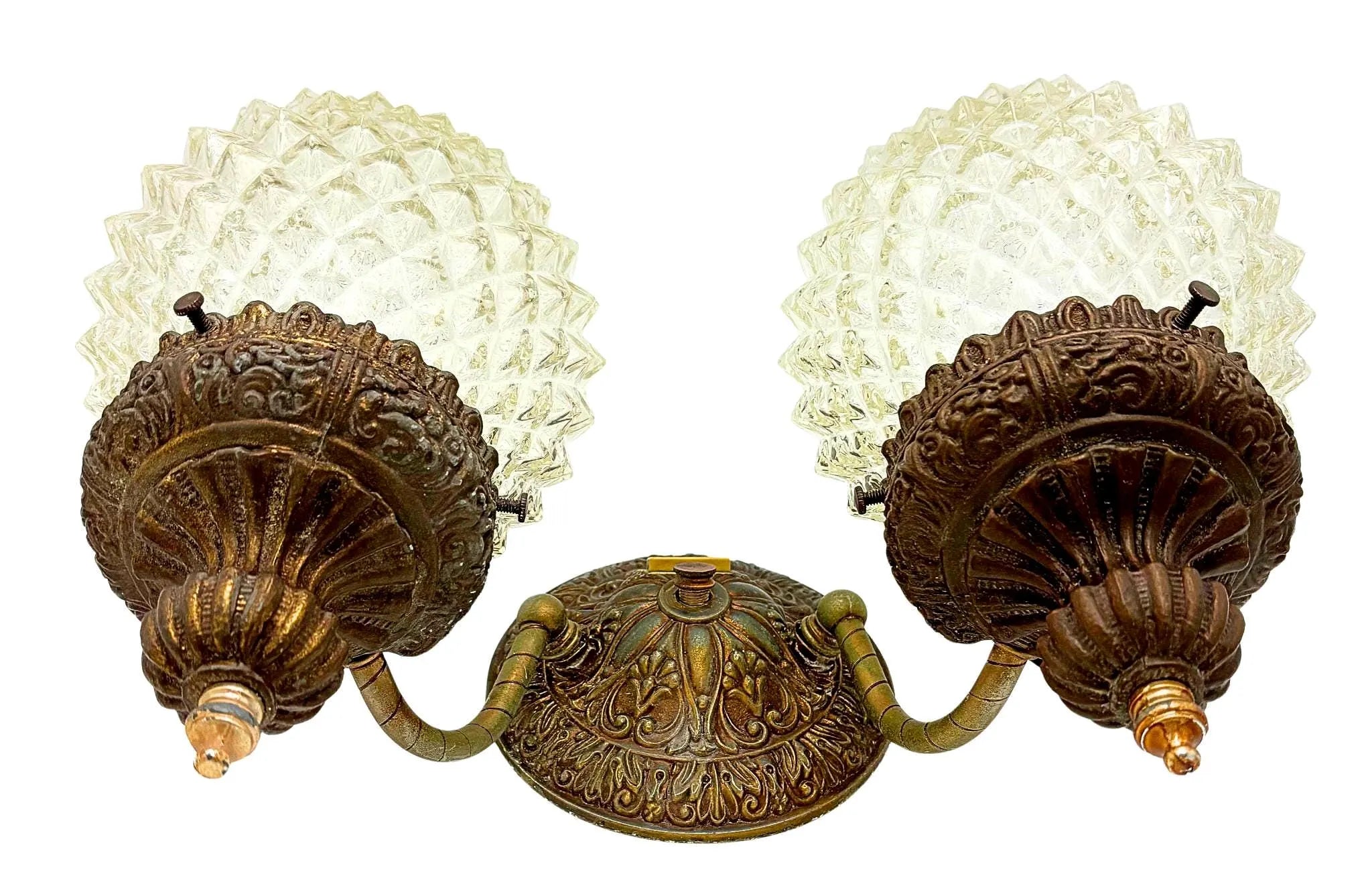 VINTAGE L.D. KICHLER ARCHITECTURAL DOUBLE VANITY WALL SCONCE WITH DIAMOND POINT GLASS GLOBES