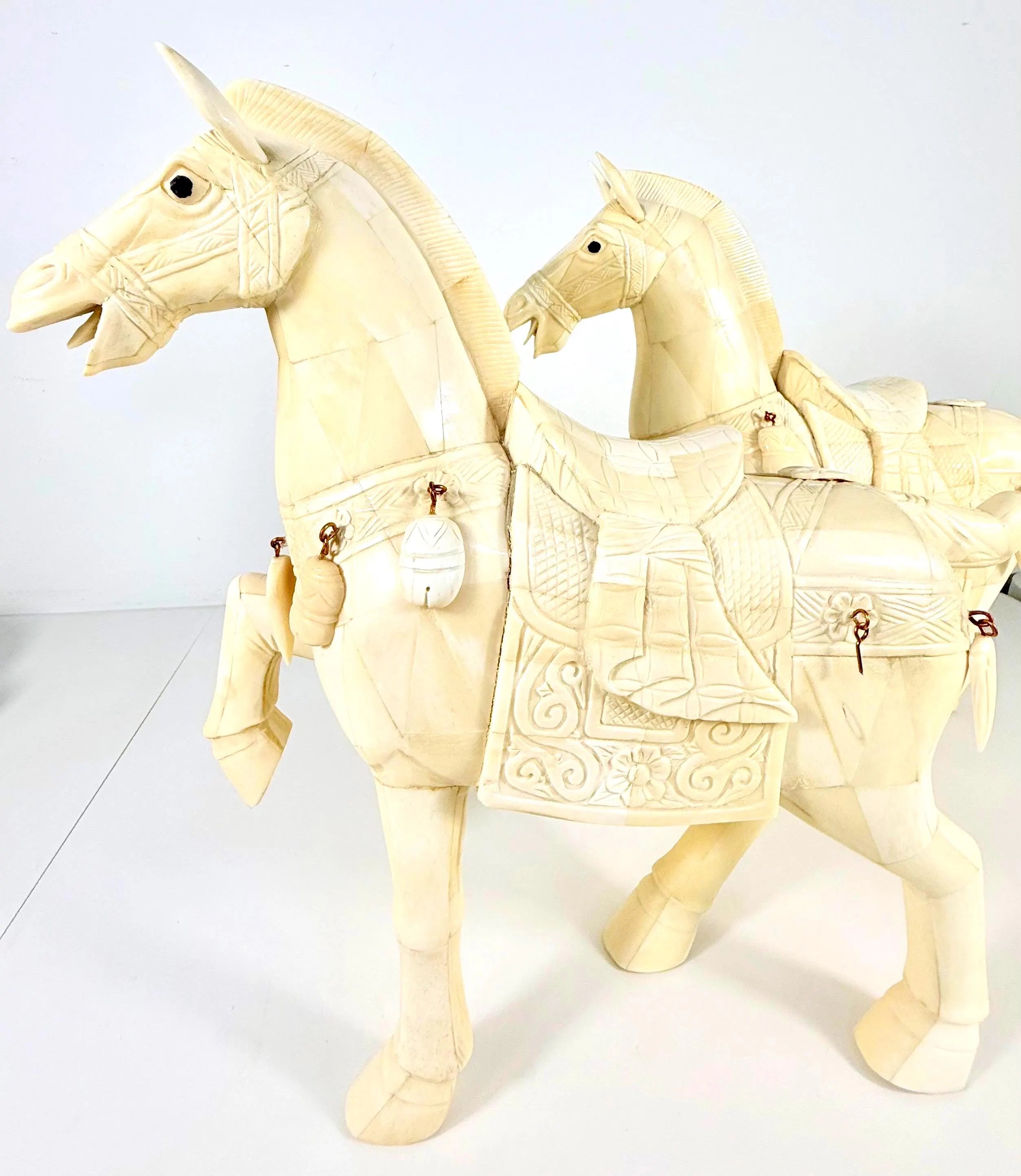 VINTAGE PAIR OF CHINESE TANG STYLE TESSELLATED BONE HORSE SCULPTURES