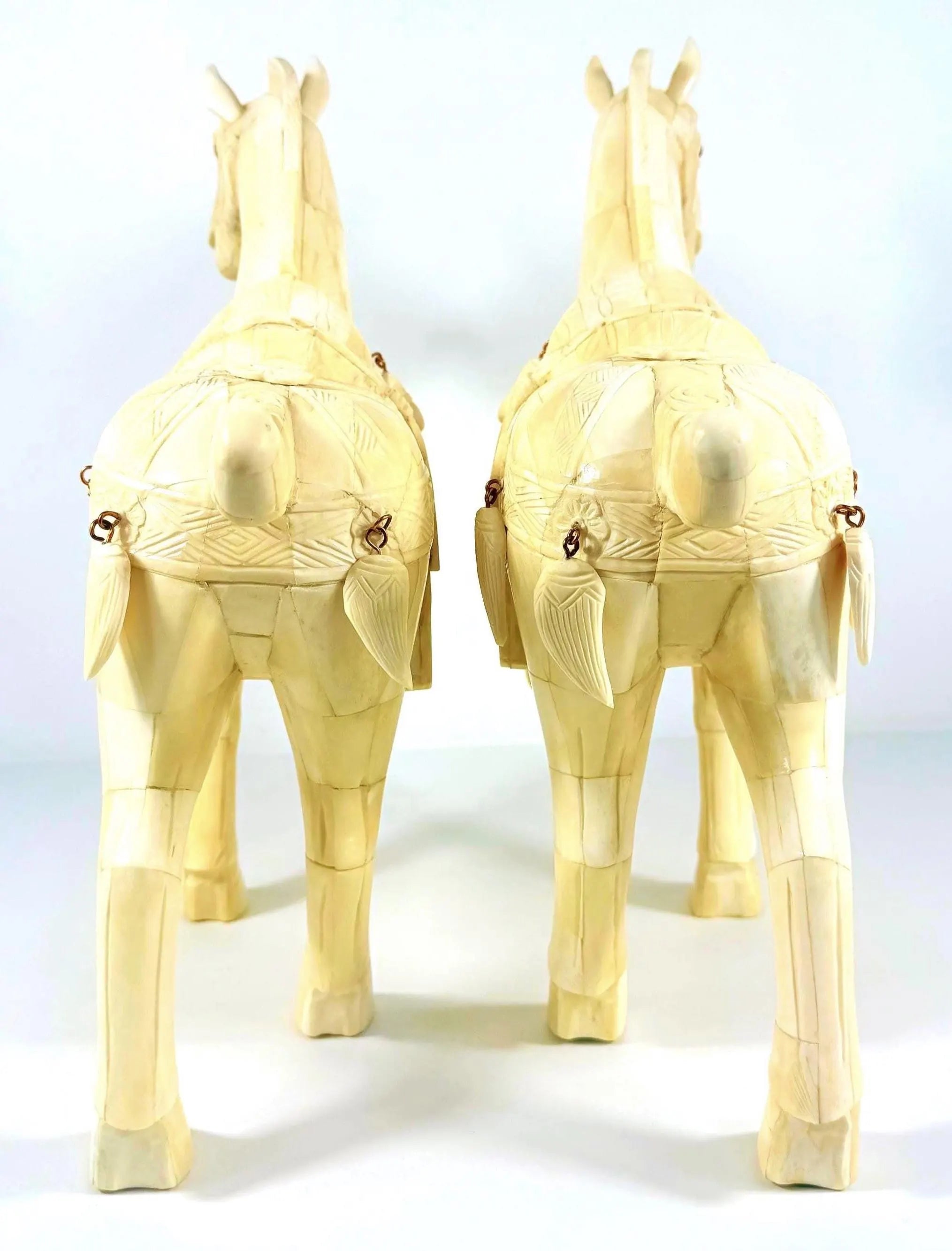 VINTAGE PAIR OF CHINESE TANG STYLE TESSELLATED BONE HORSE SCULPTURES